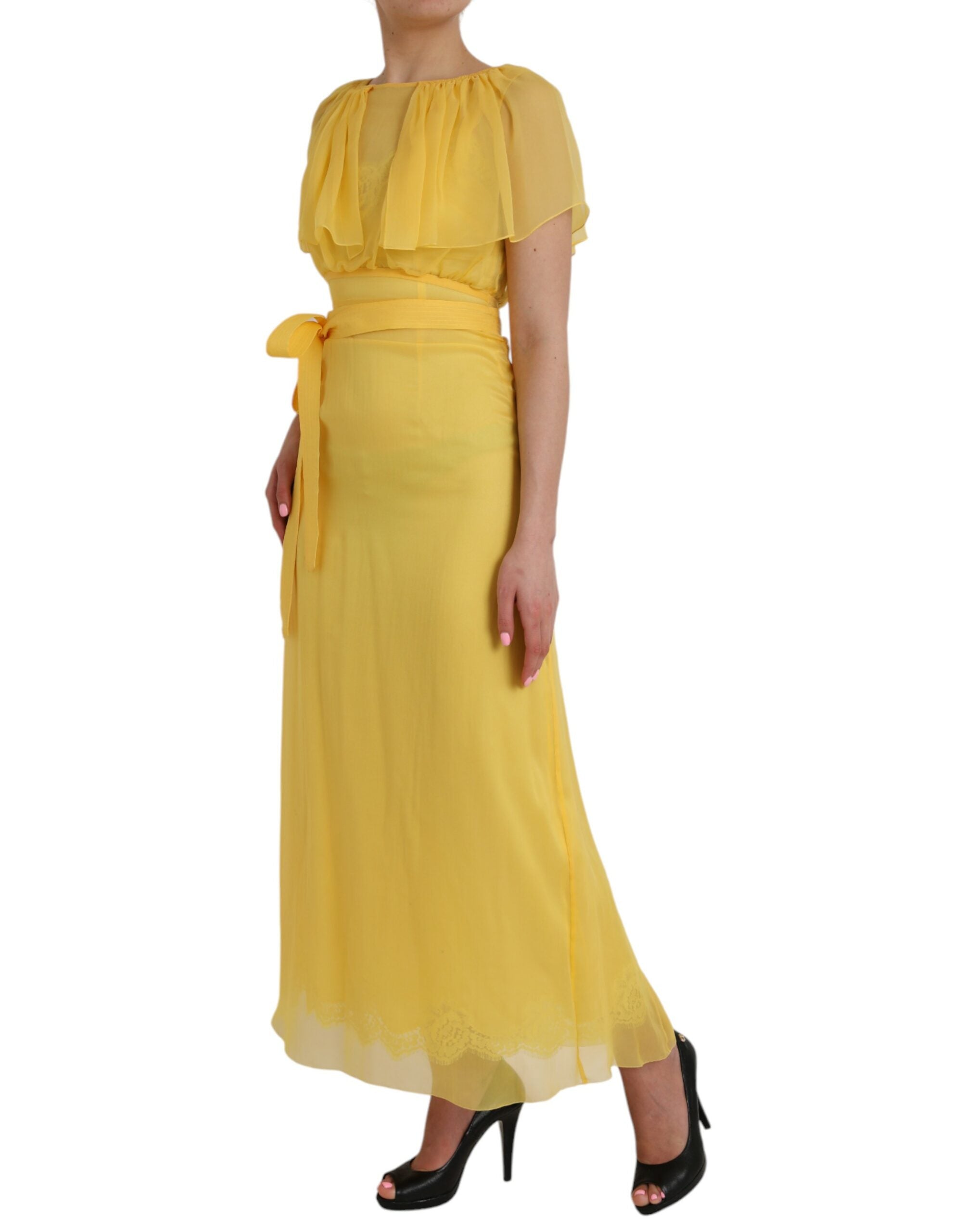 Yellow Silk Sheath Belted Long Maxi Dress - ventzia
