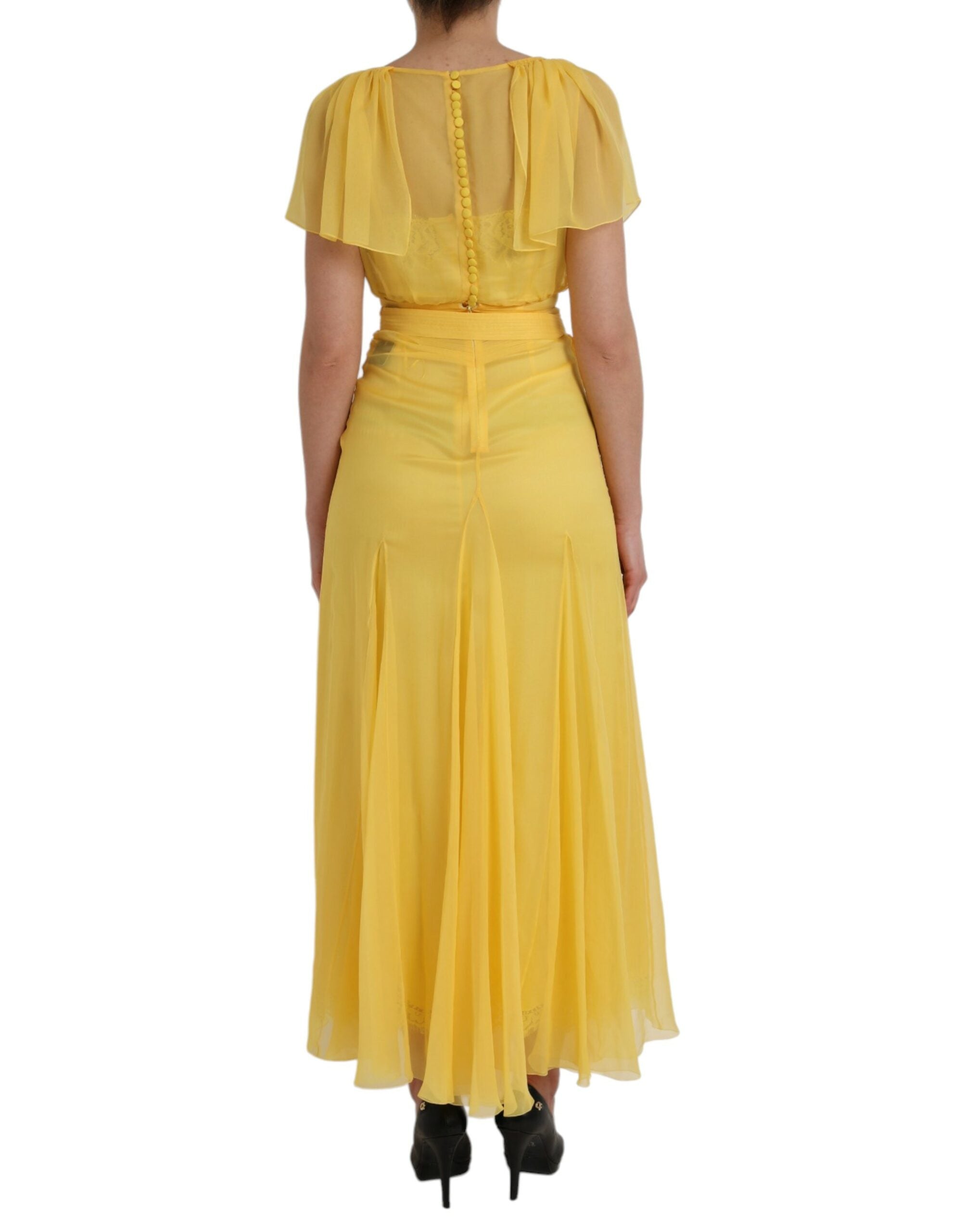 Yellow Silk Sheath Belted Long Maxi Dress - ventzia