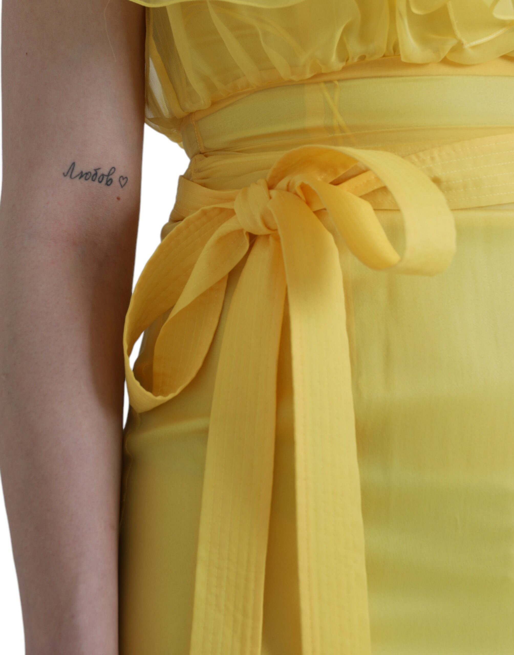 Yellow Silk Sheath Belted Long Maxi Dress - ventzia