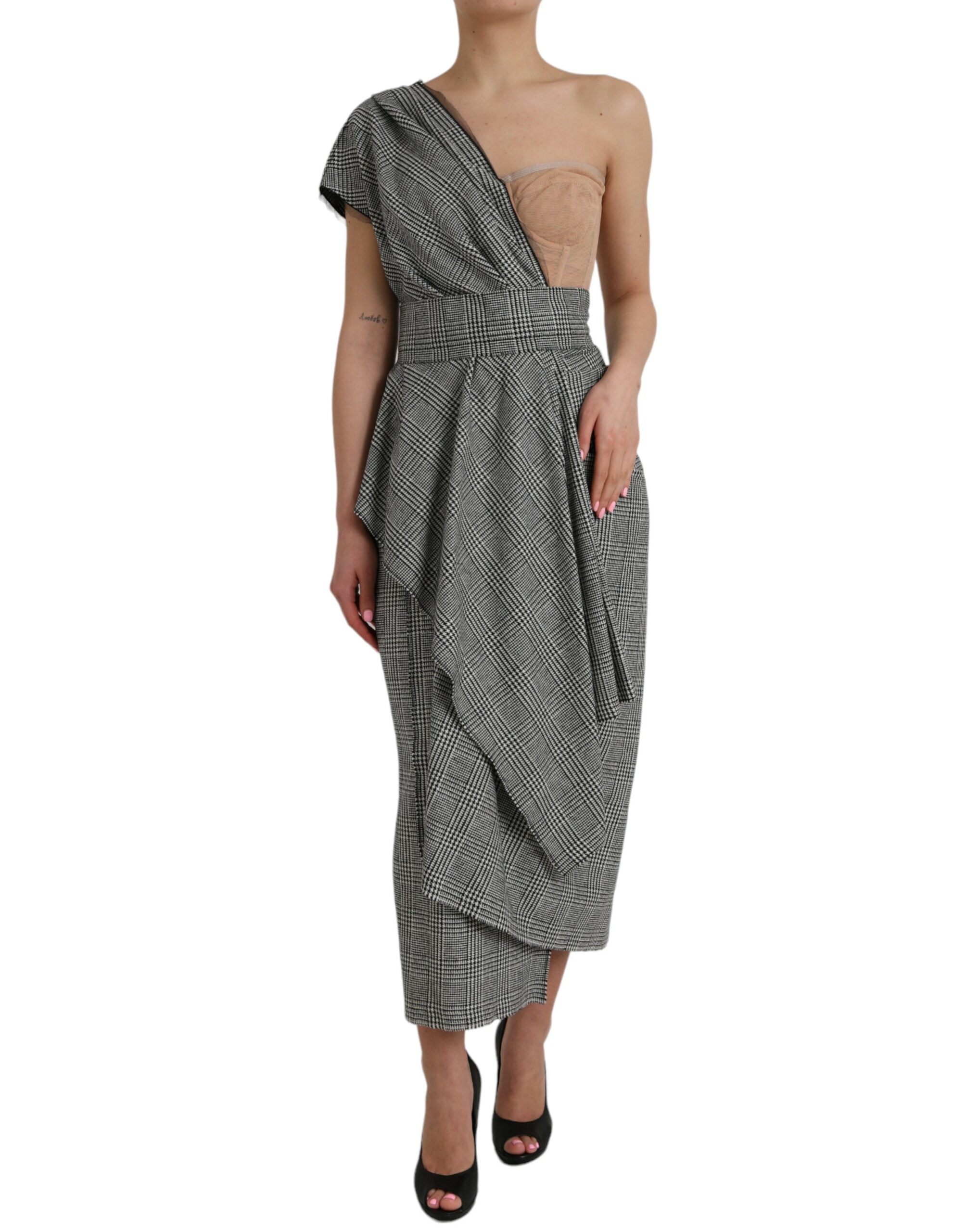 Gray Beige Layered One Shoulder Maxi Dress - ventzia