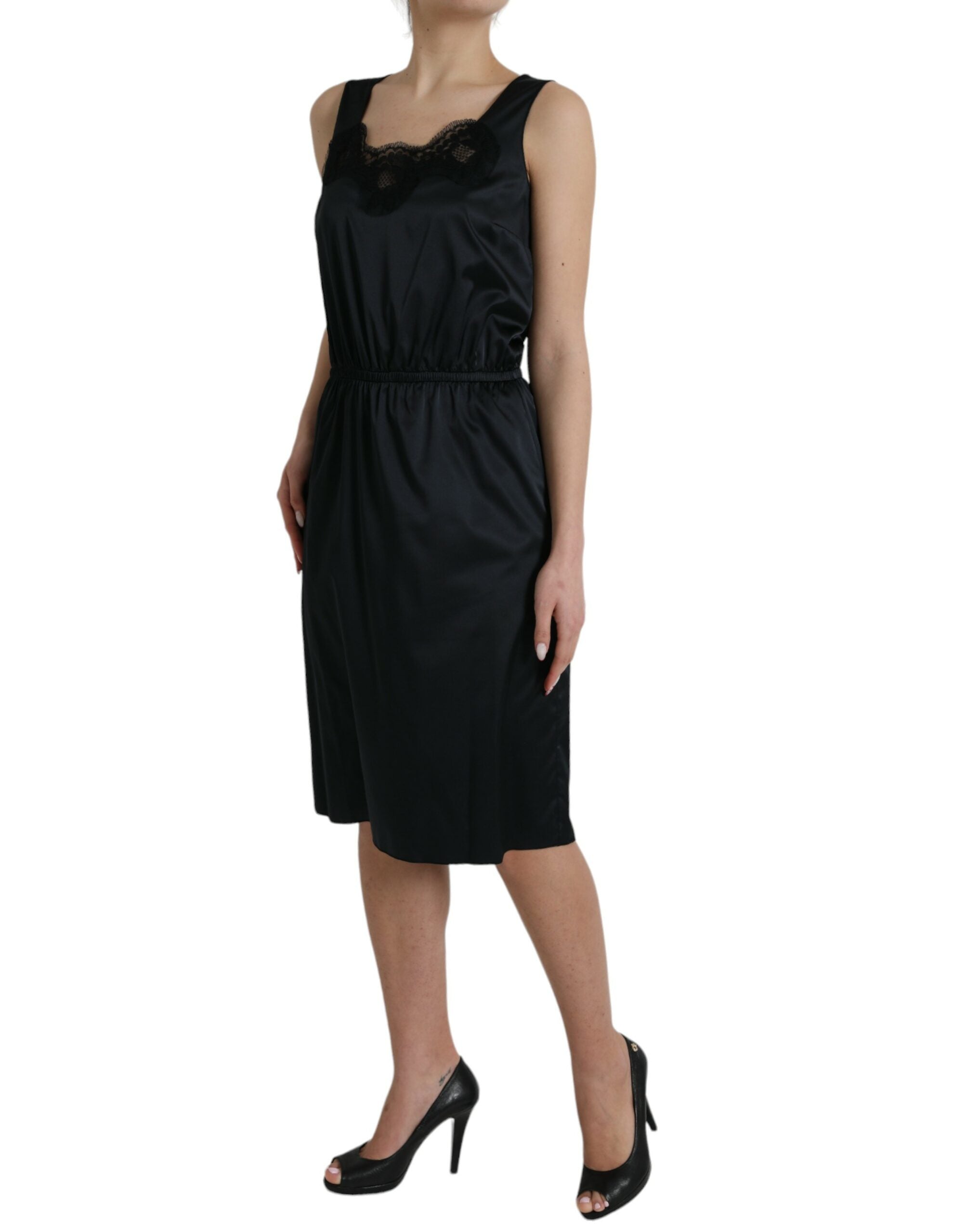 Black Polyester Lace Trim Sheath Midi Dress - ventzia