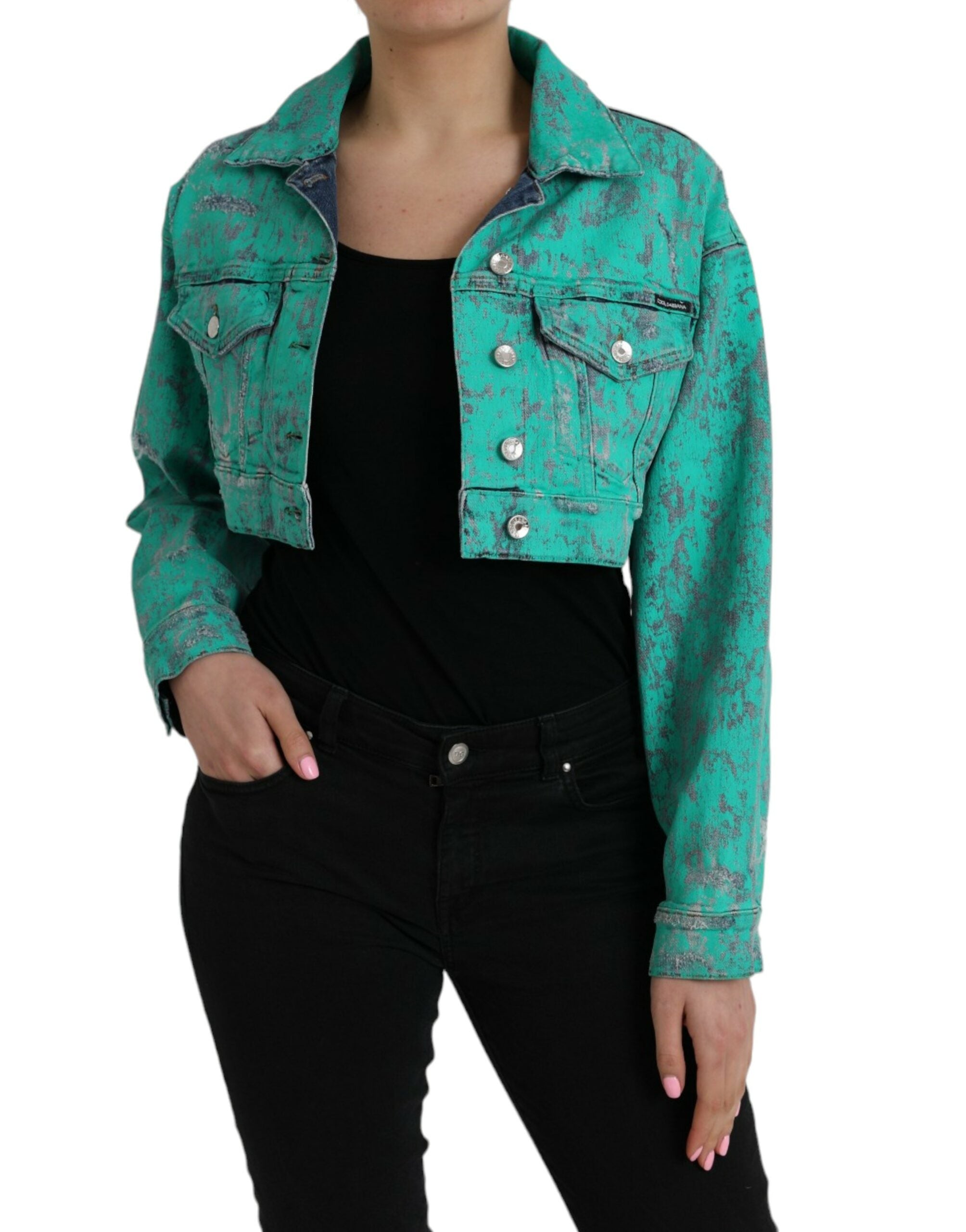 Green Cotton Tie Dye Cropped Cropped Denim Jacket - ventzia