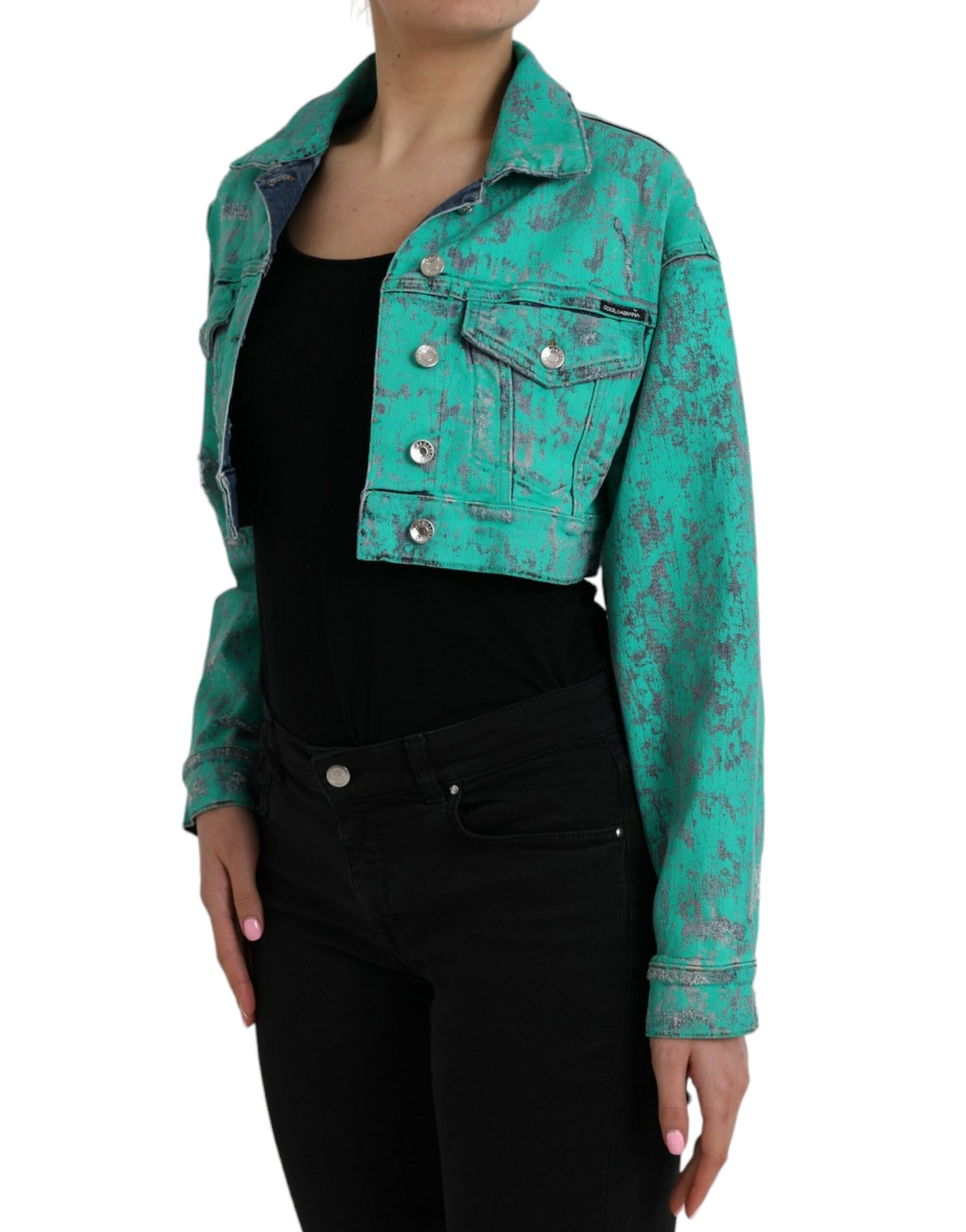 Green Cotton Tie Dye Cropped Cropped Denim Jacket - ventzia