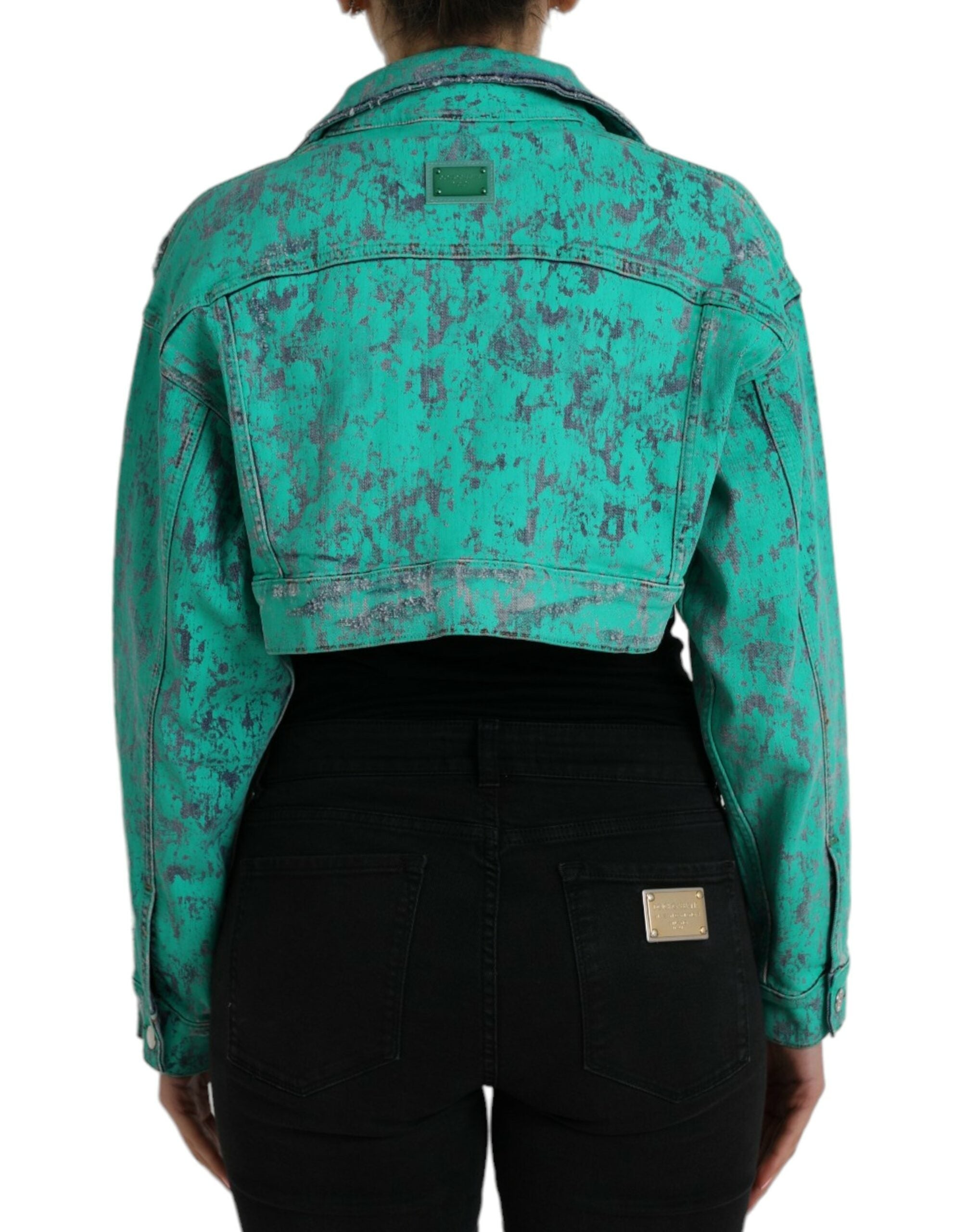 Green Cotton Tie Dye Cropped Cropped Denim Jacket - ventzia