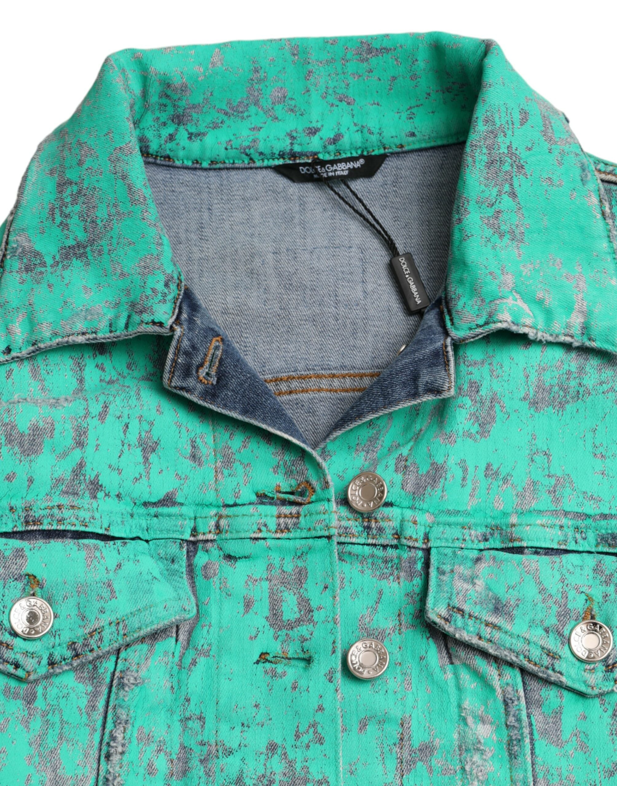 Green Cotton Tie Dye Cropped Cropped Denim Jacket - ventzia
