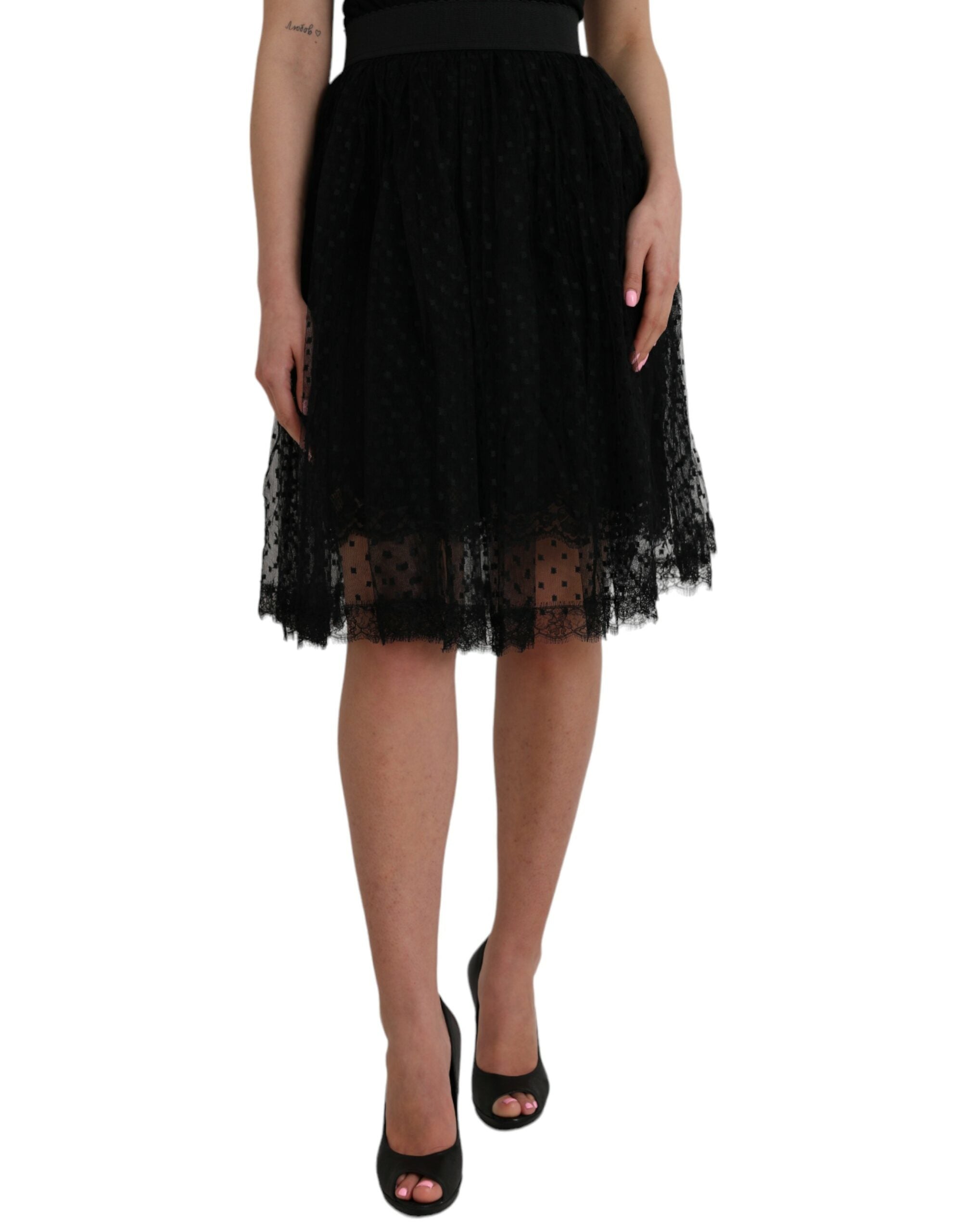 Black Nylon Lace Trim High Waist A-line Skirt - ventzia