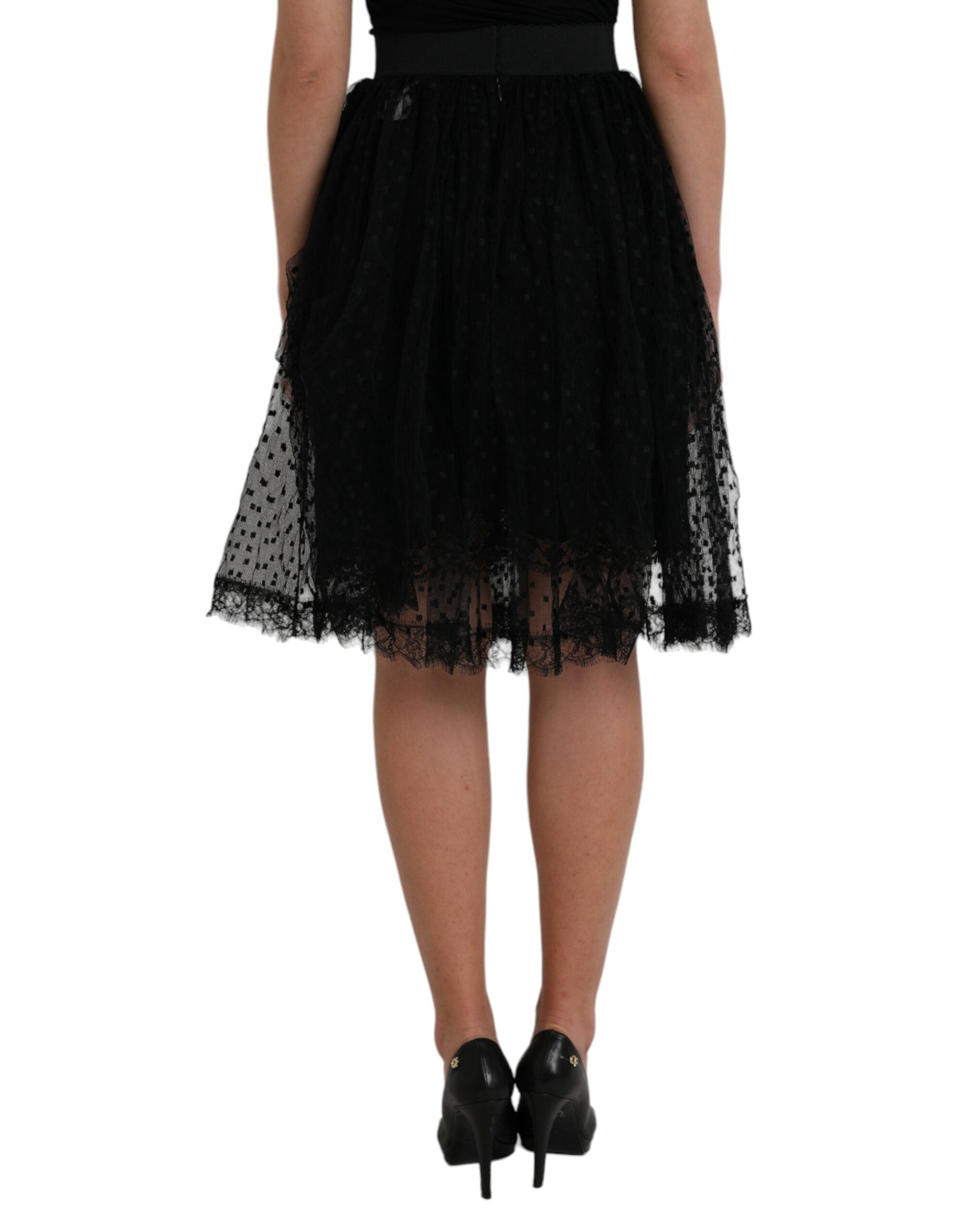 Black Nylon Lace Trim High Waist A-line Skirt - ventzia