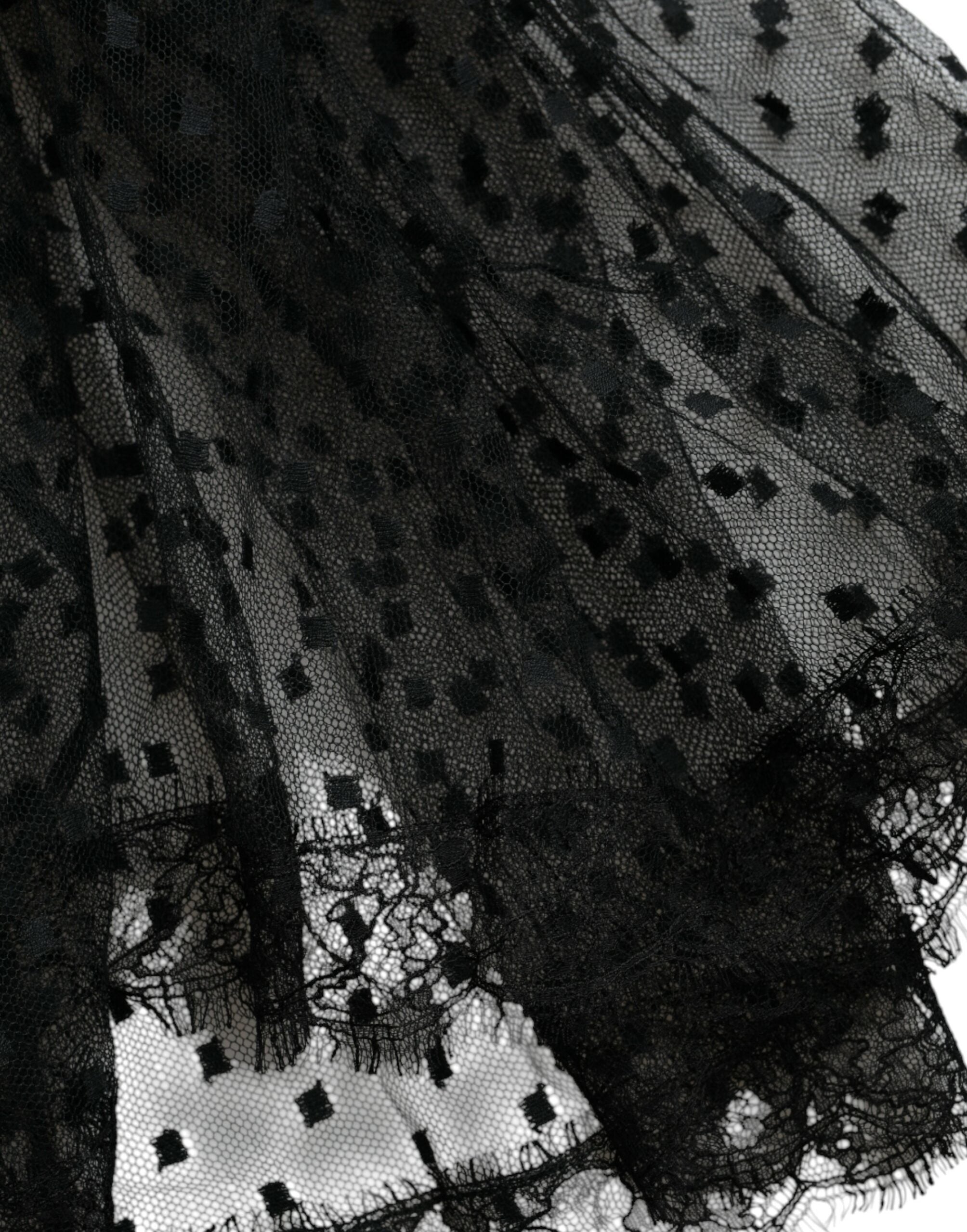 Black Nylon Lace Trim High Waist A-line Skirt - ventzia