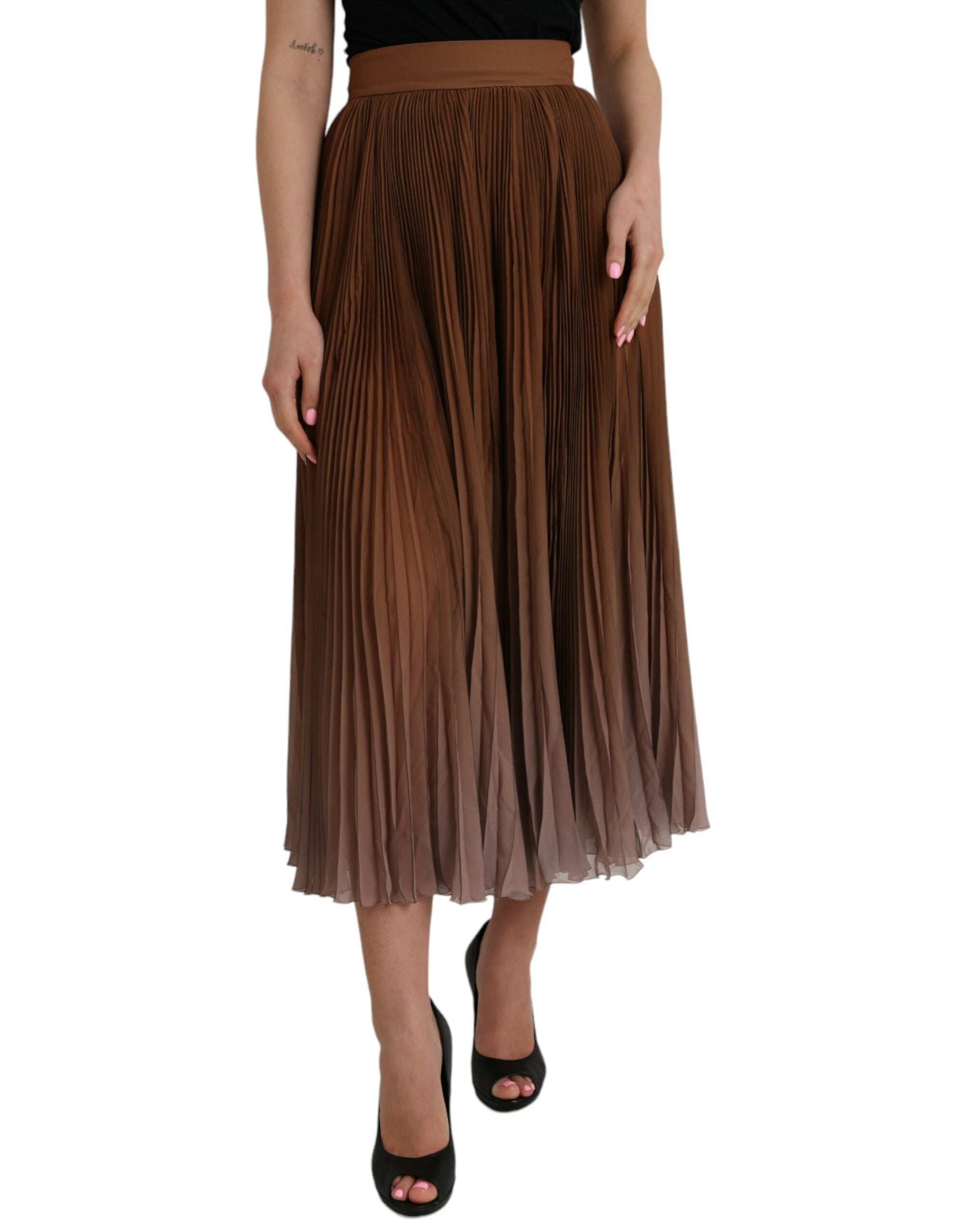 Brown Polyester Pleated High Waist Midi Skirt - ventzia