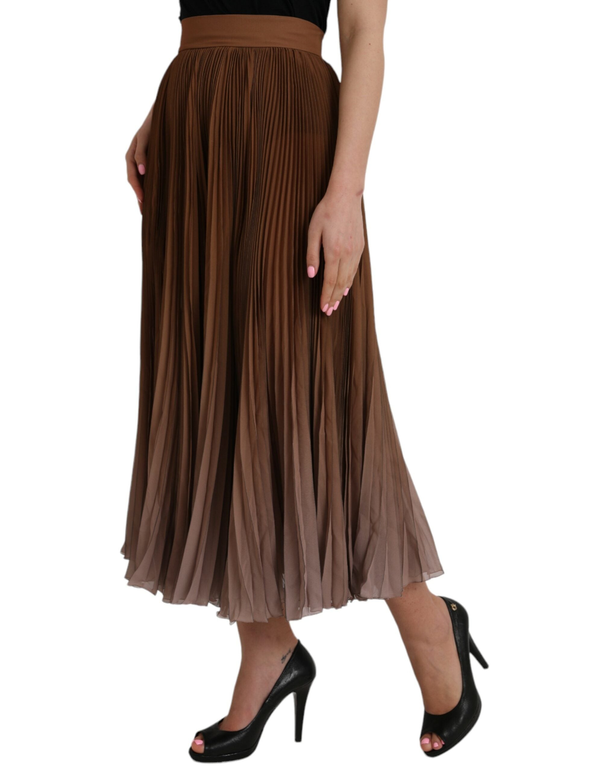 Brown Polyester Pleated High Waist Midi Skirt - ventzia