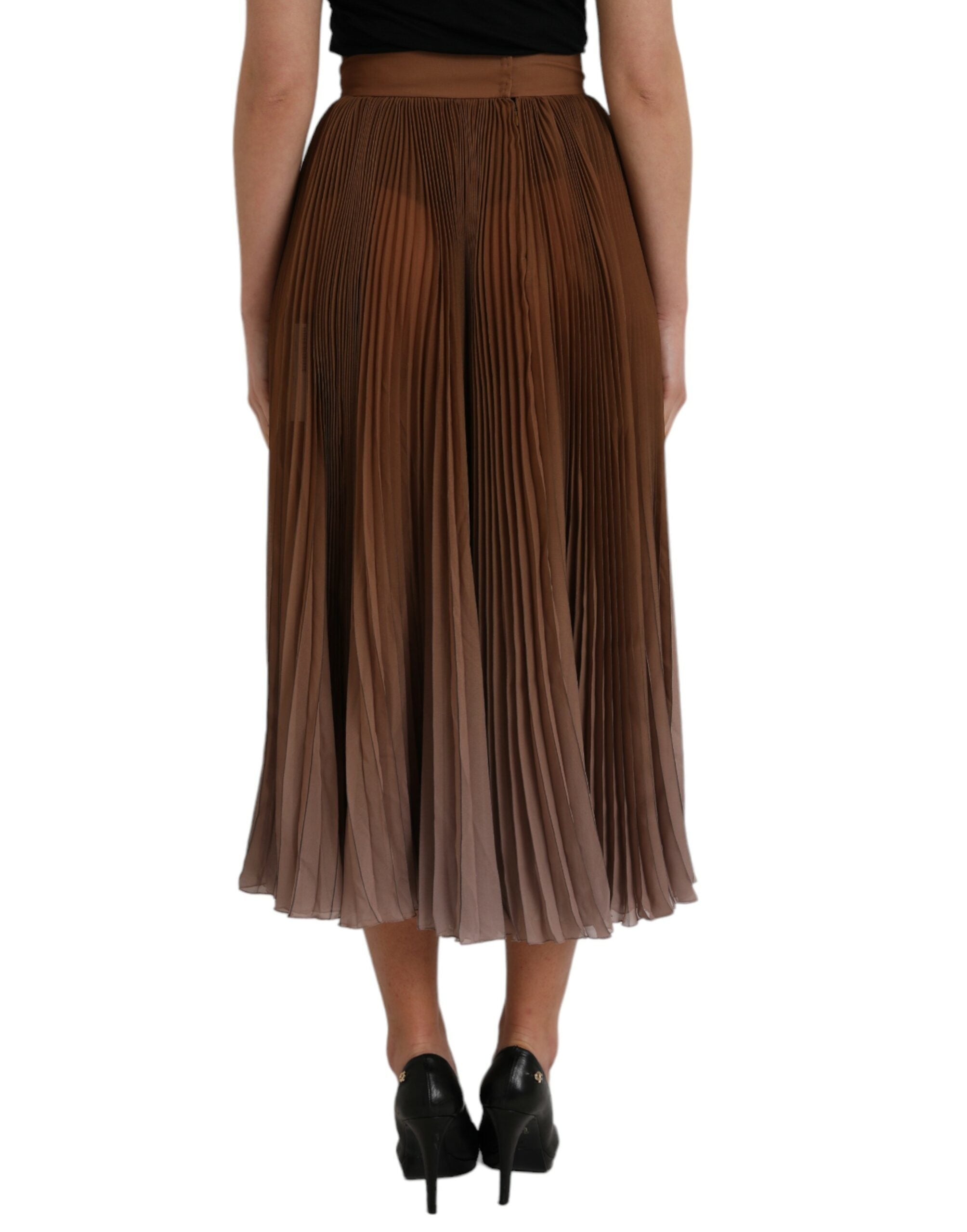 Brown Polyester Pleated High Waist Midi Skirt - ventzia