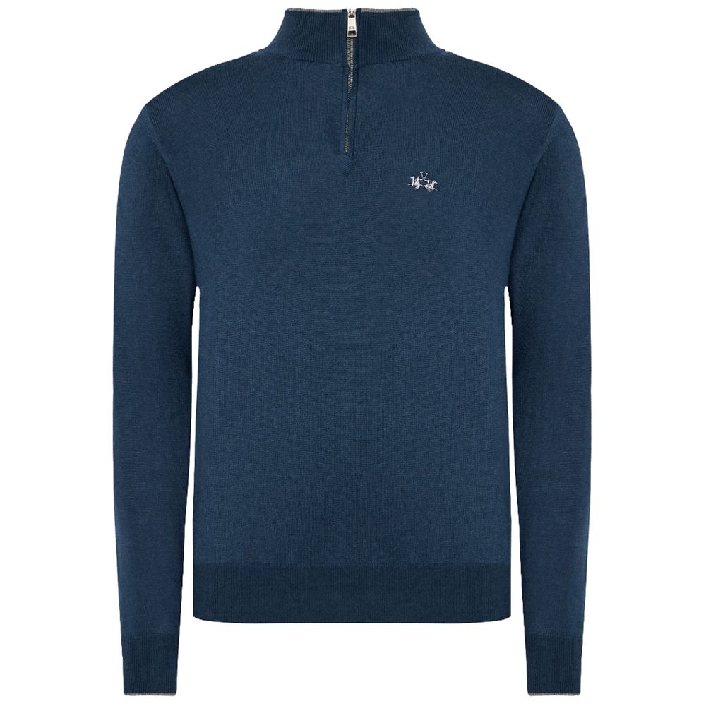 Blue Wool Men Sweater with Half Zip Closure - ventzia