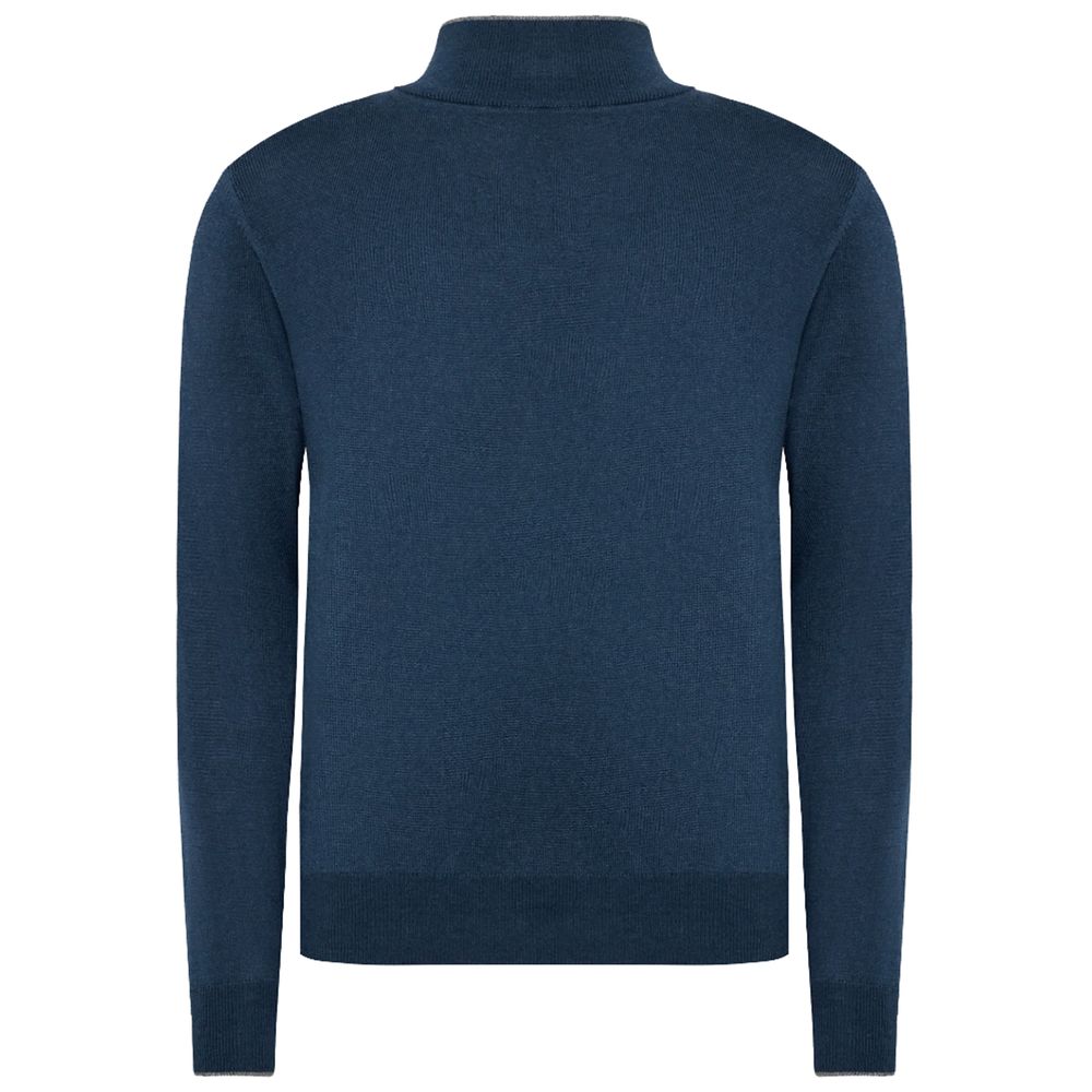 Blue Wool Men Sweater with Half Zip Closure - ventzia