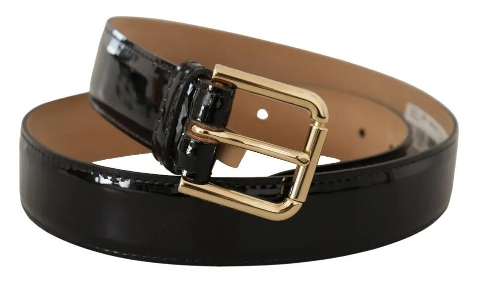 Black Leather Gold Metal Logo Engraved Buckle Belt - ventzia