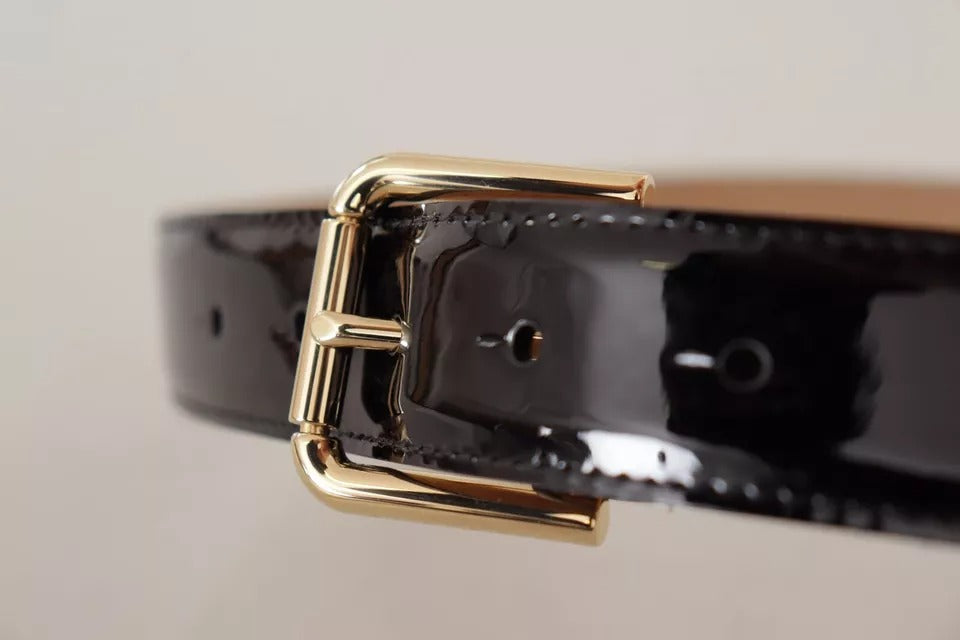 Black Leather Gold Metal Logo Engraved Buckle Belt - ventzia