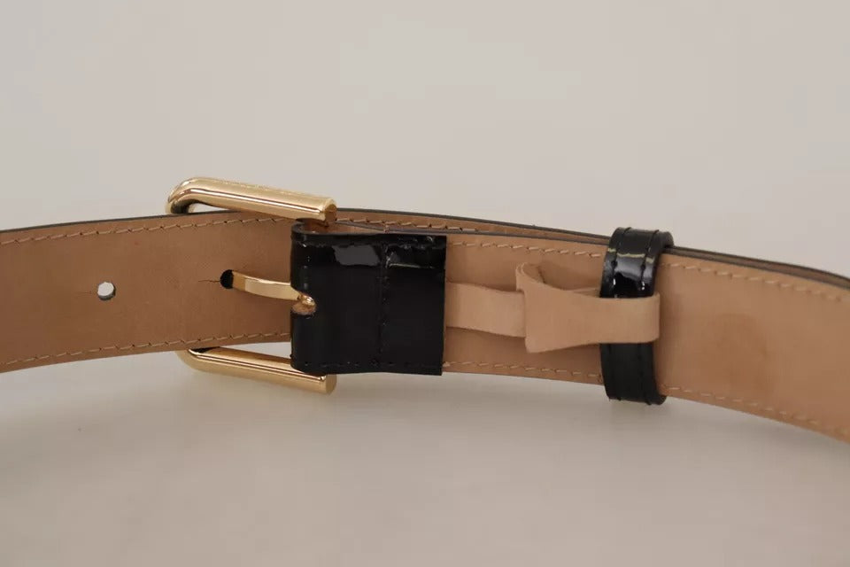 Black Leather Gold Metal Logo Engraved Buckle Belt - ventzia