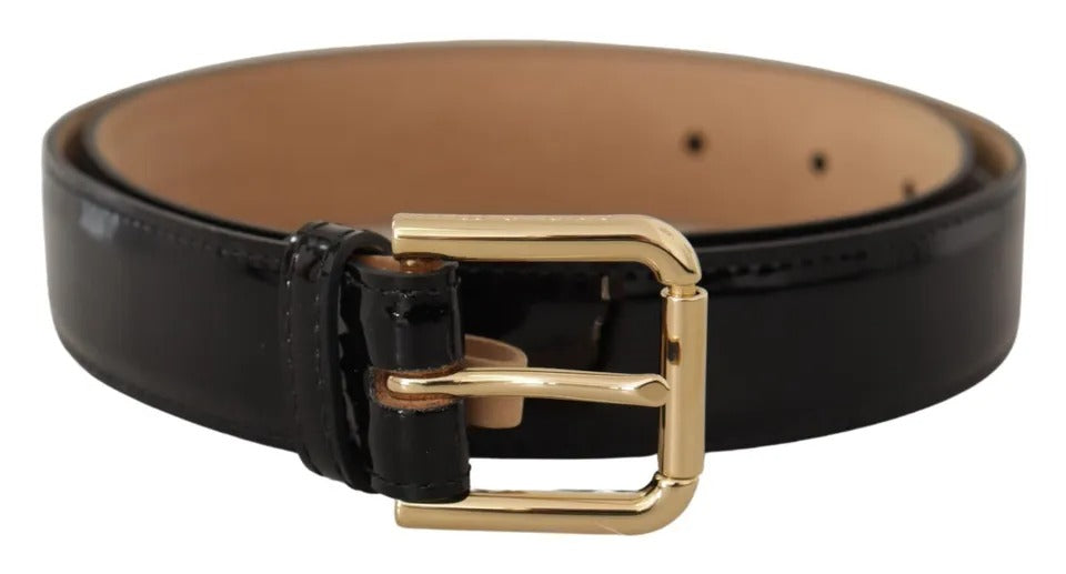 Black Leather Gold Metal Logo Engraved Buckle Belt - ventzia