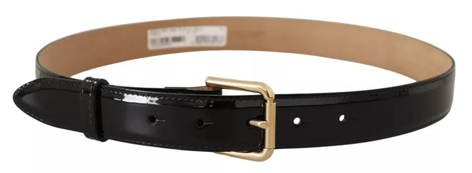 Black Leather Gold Metal Logo Engraved Buckle Belt - ventzia