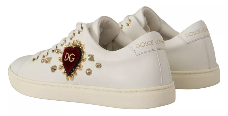 White Leather Gold Red Heart Sneakers Shoes - ventzia