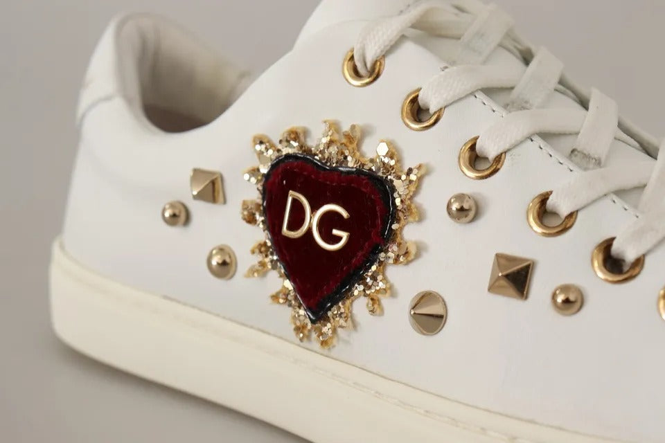 White Leather Gold Red Heart Sneakers Shoes - ventzia