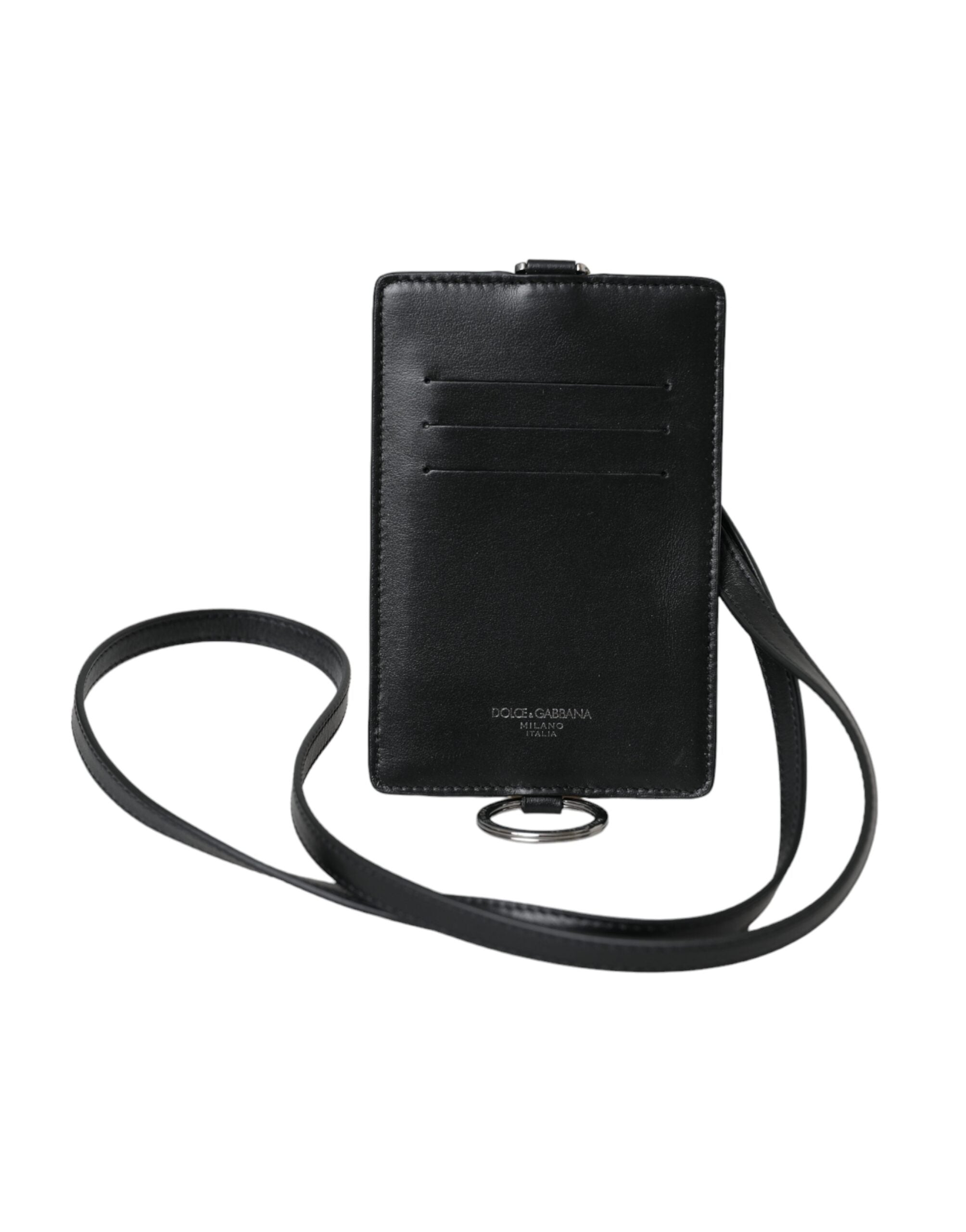 Black Calf Leather Lanyard Logo Card Holder Men Wallet - ventzia