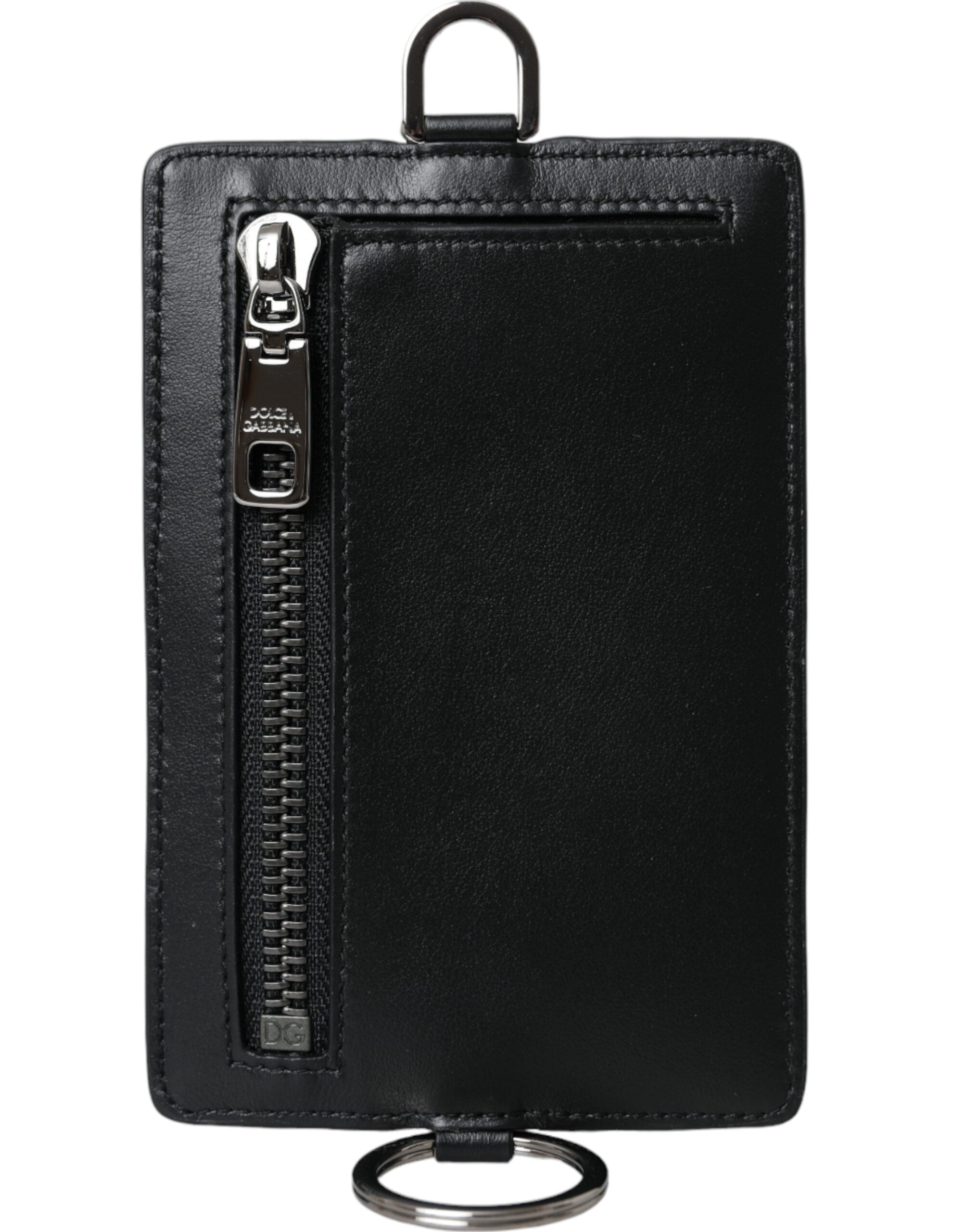 Black Calf Leather Lanyard Logo Card Holder Men Wallet - ventzia