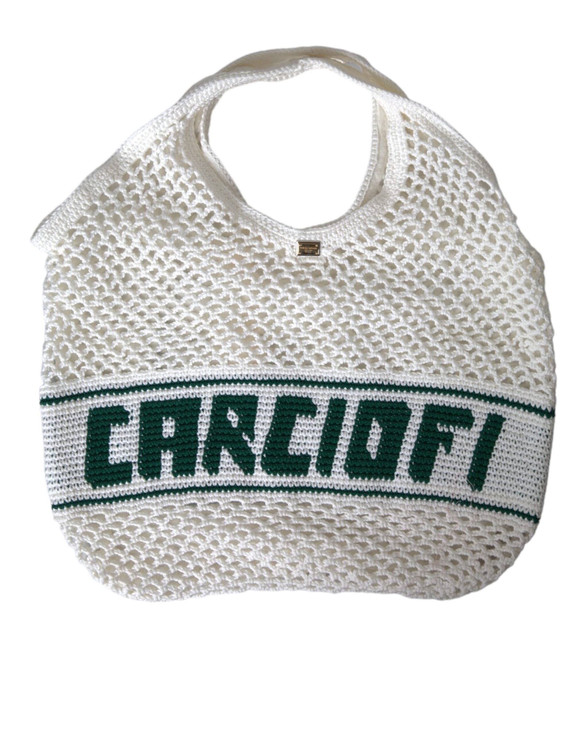 White Green Knitted Cotton Logo Shopping Tote Bag - ventzia