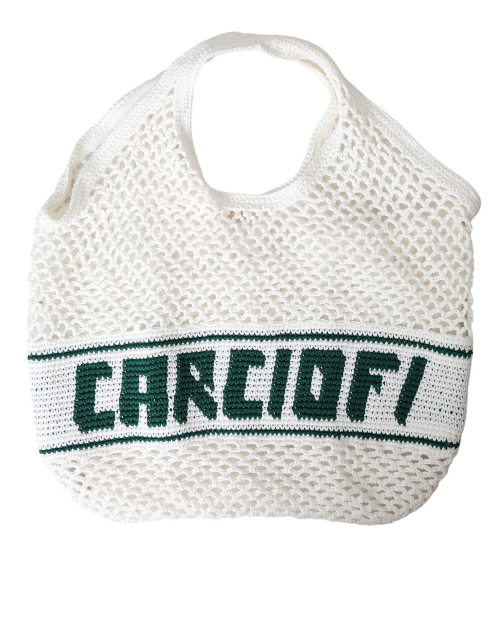 White Green Knitted Cotton Logo Shopping Tote Bag - ventzia