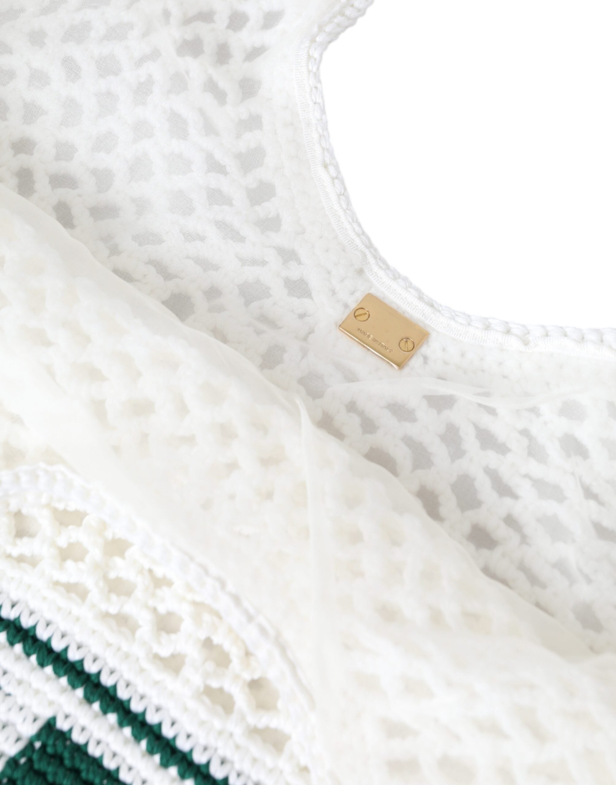 White Green Knitted Cotton Logo Shopping Tote Bag - ventzia