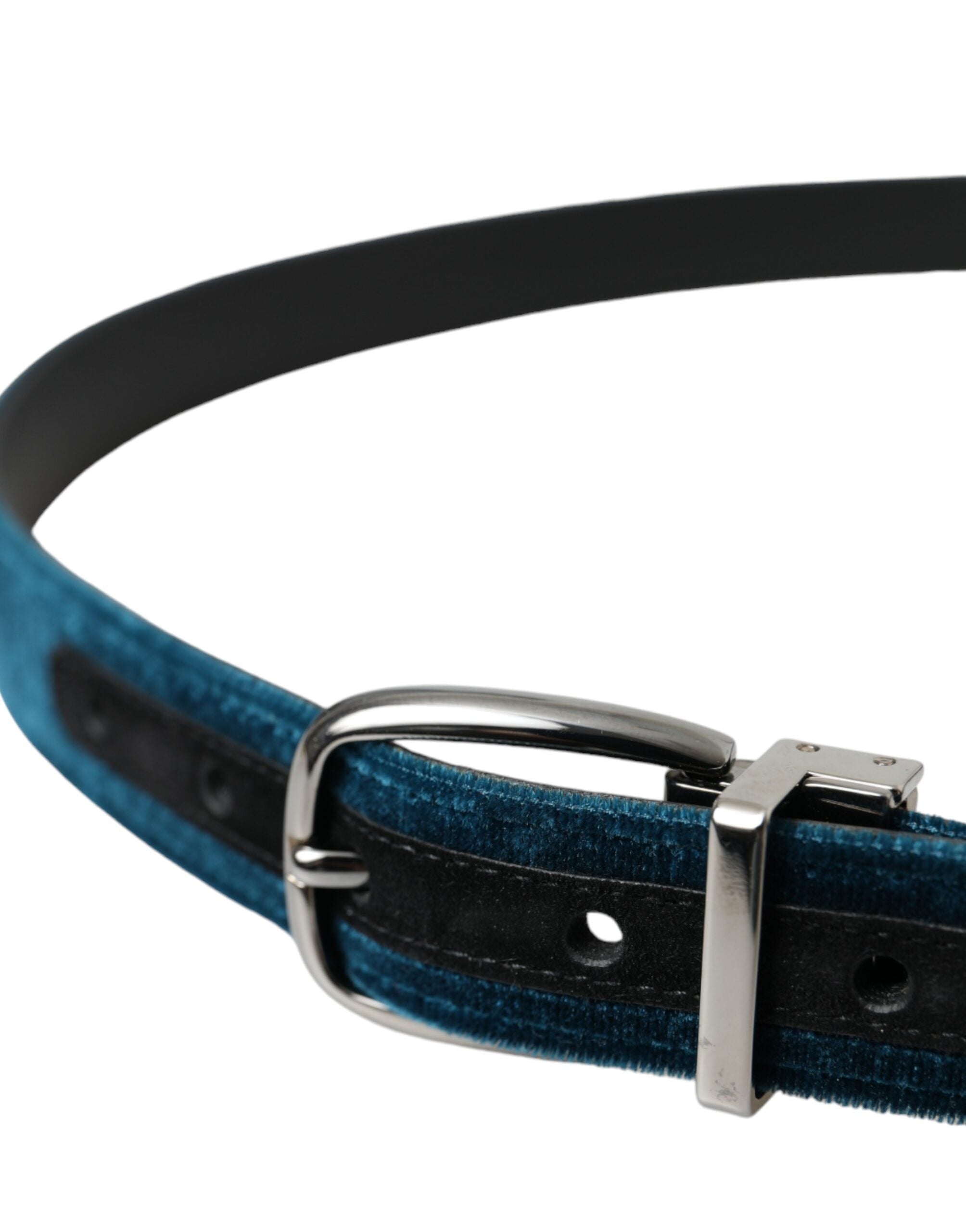 Blue Velvet Leather Silver Metal Buckle Belt - ventzia