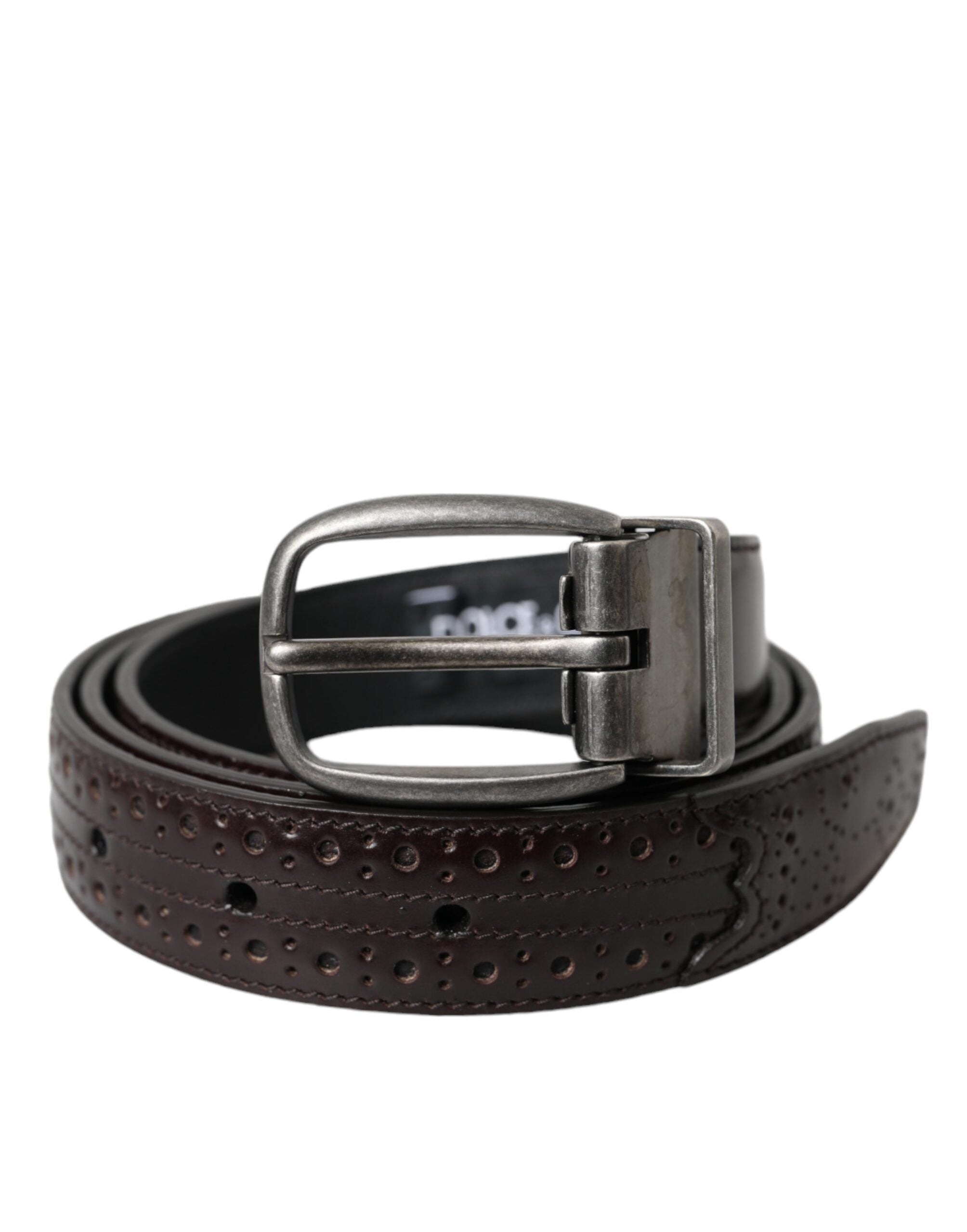 Dark Brown Perforated Leather Metal Buckle Belt Men - ventzia
