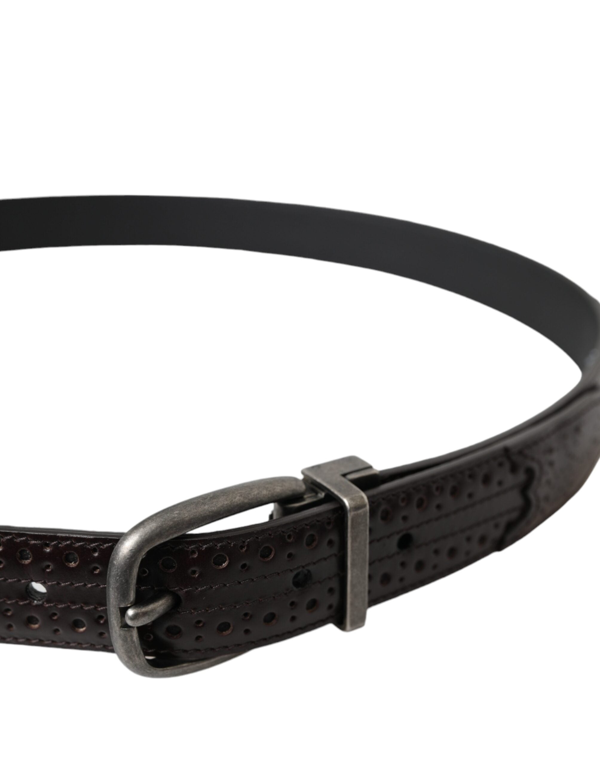 Dark Brown Perforated Leather Metal Buckle Belt Men - ventzia