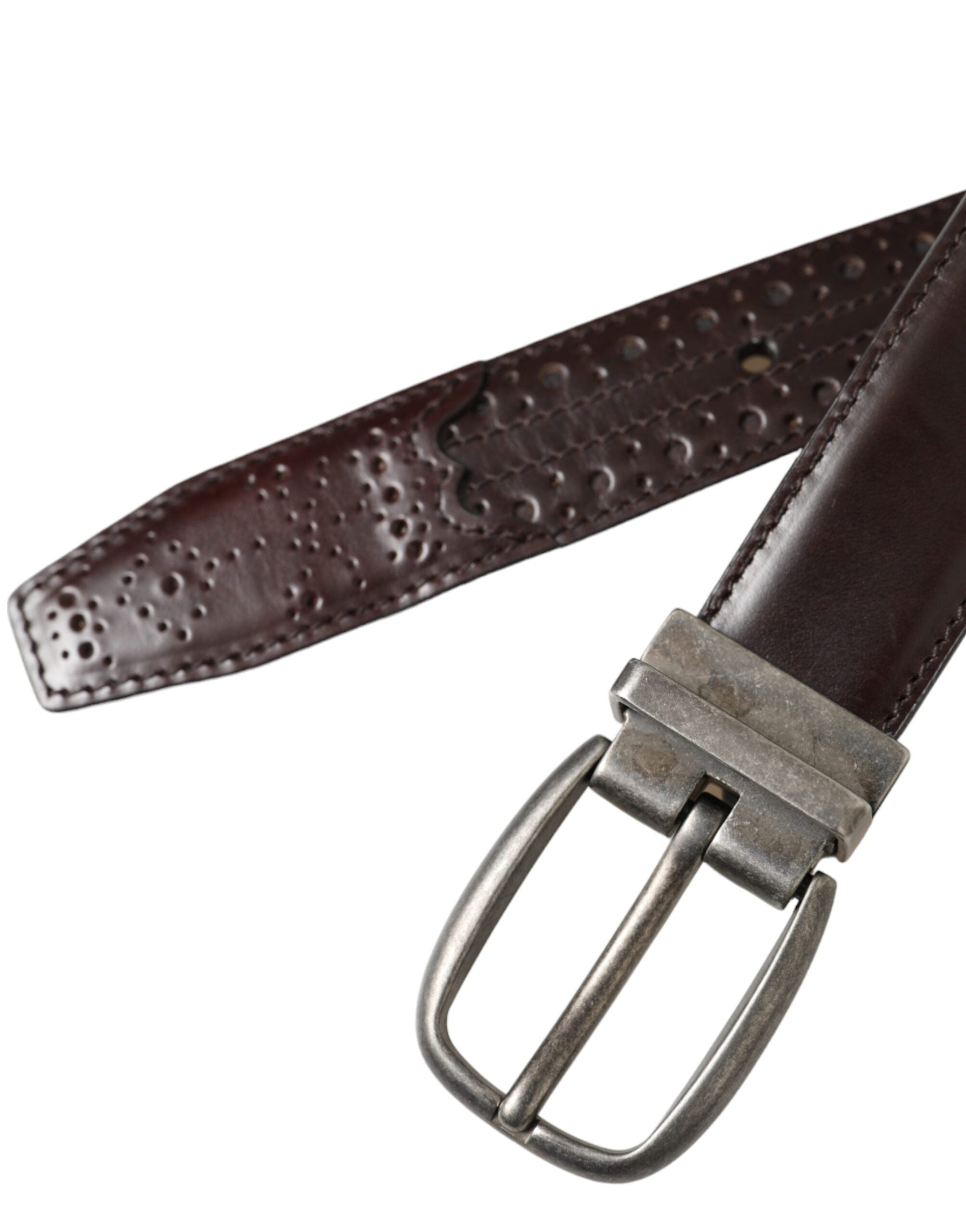 Dark Brown Perforated Leather Metal Buckle Belt Men - ventzia