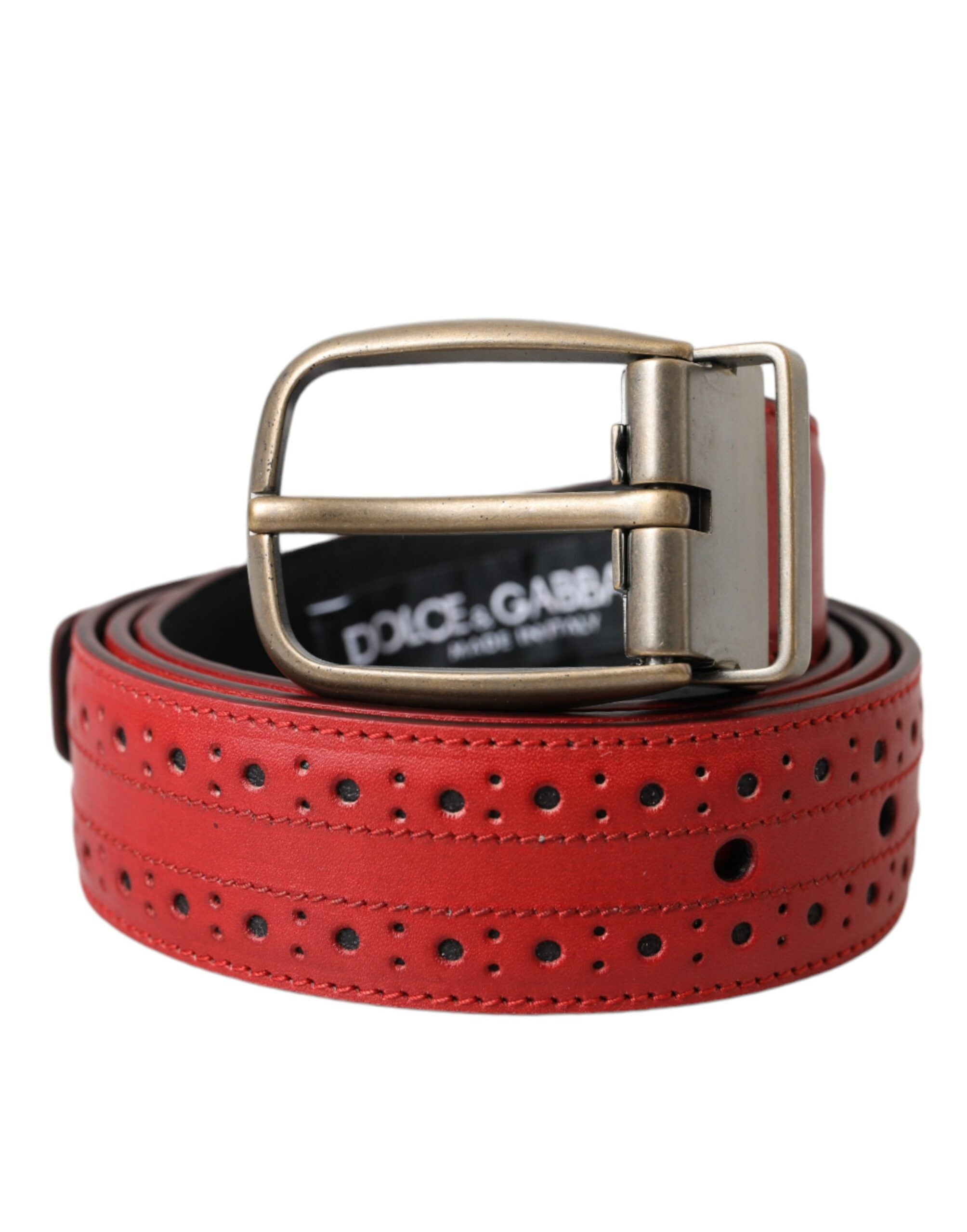Red Perforated Leather Metal Buckle Belt Men - ventzia