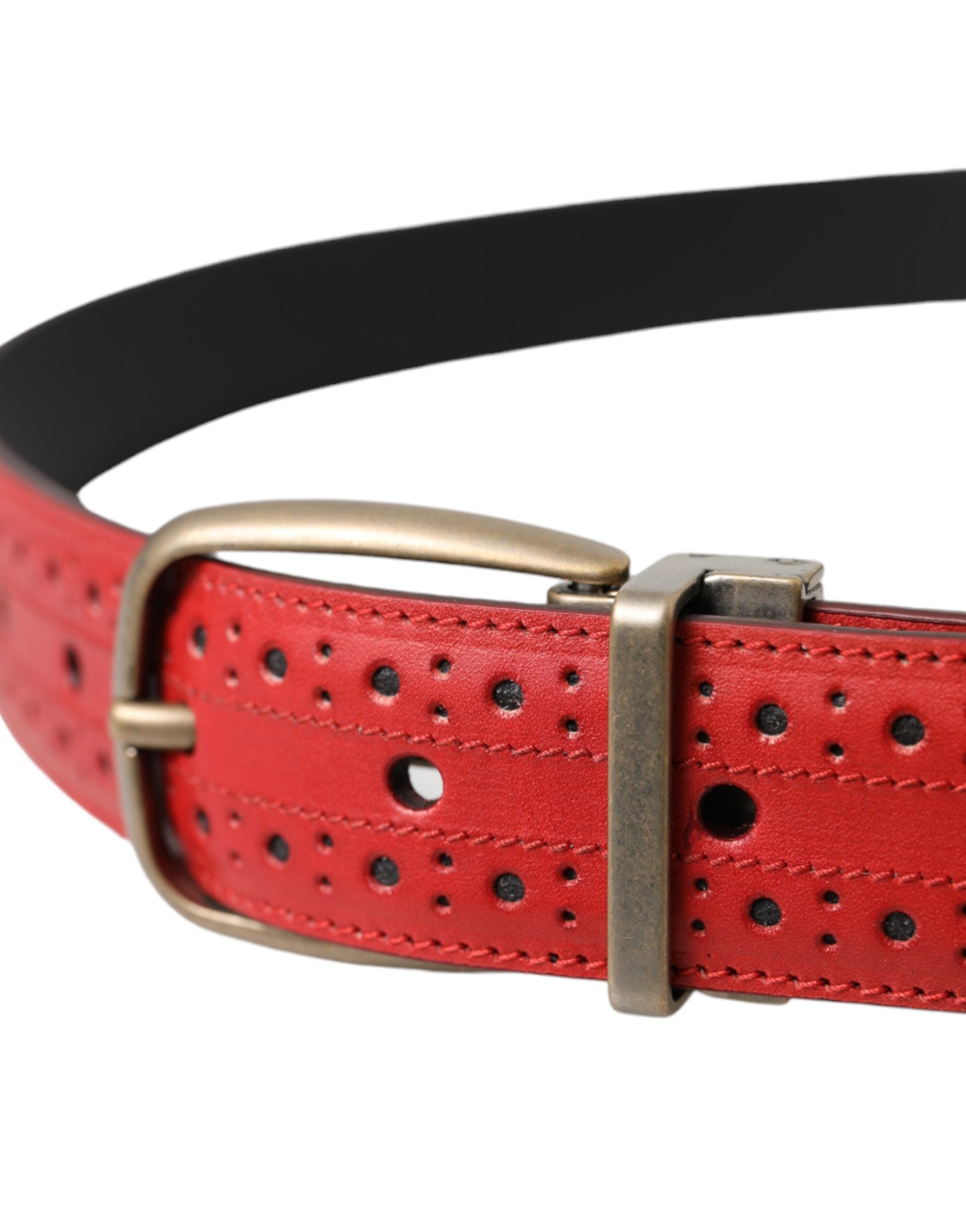 Red Perforated Leather Metal Buckle Belt Men - ventzia