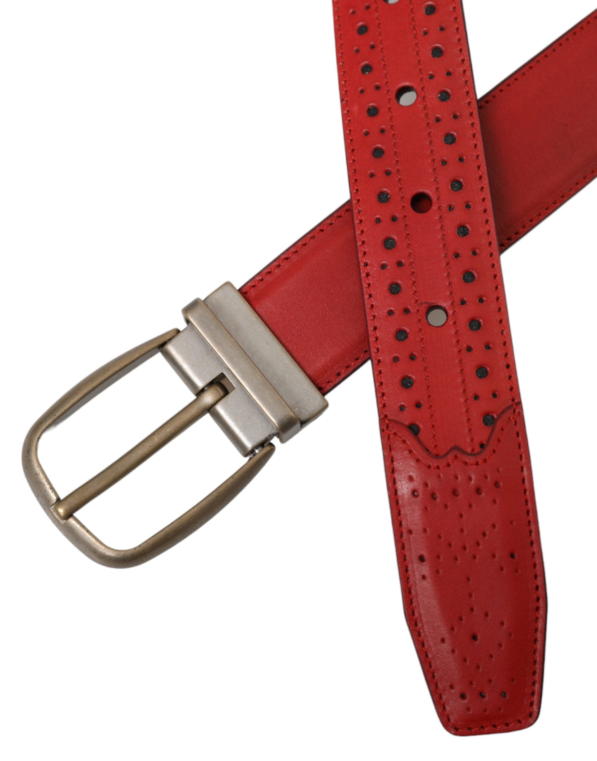 Red Perforated Leather Metal Buckle Belt Men - ventzia
