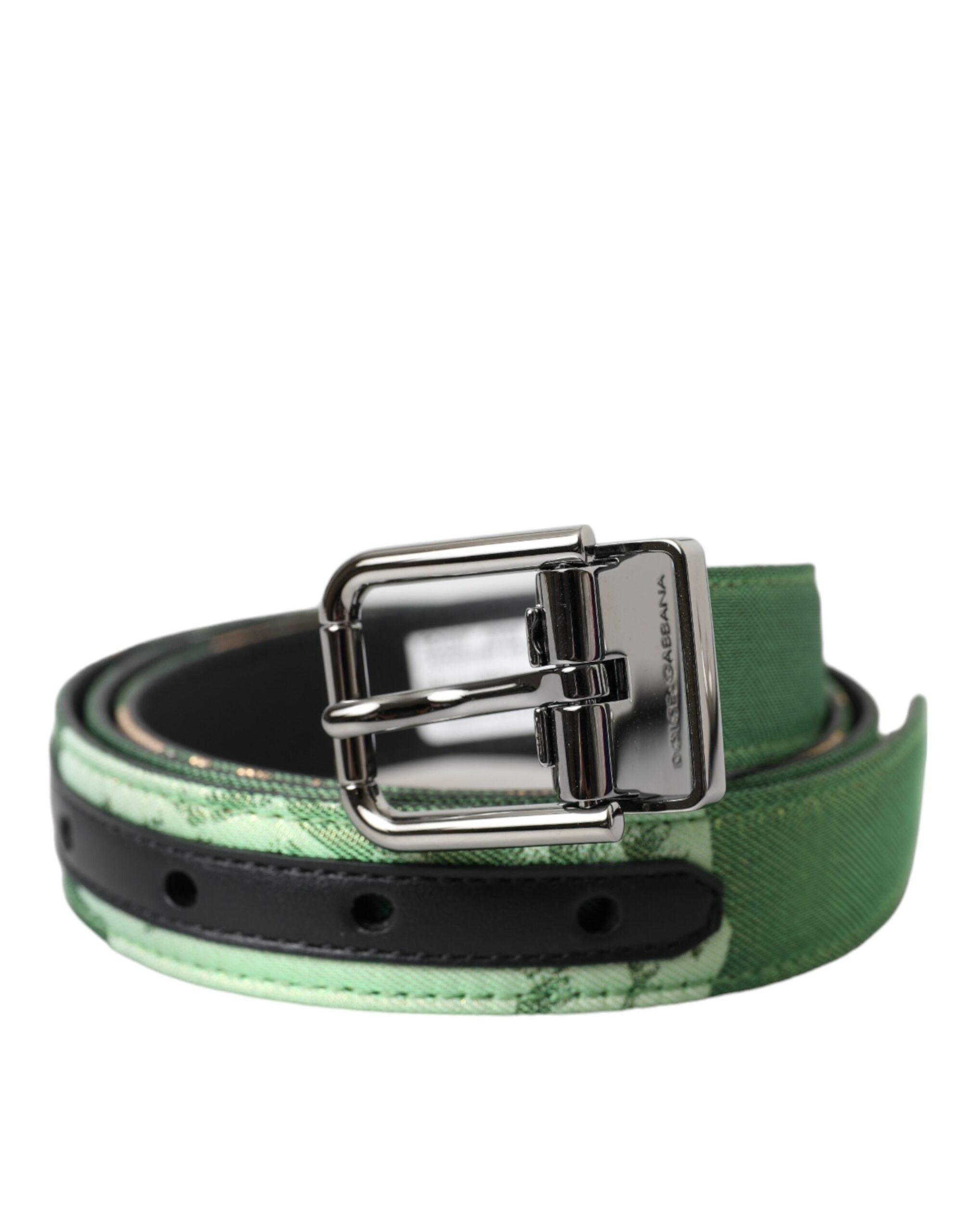 Green Leather Jacquard Silver Metal Buckle Belt - ventzia