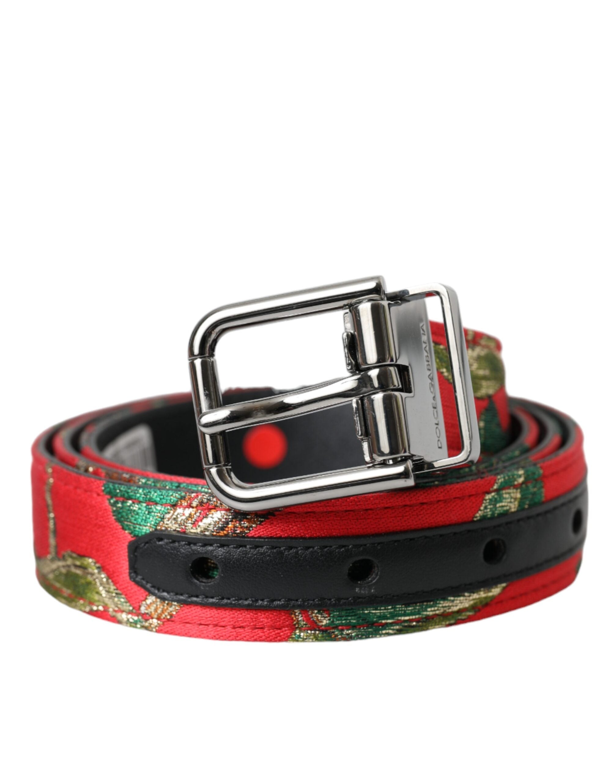 Red Leather Jacquard Silver Metal Buckle Belt - ventzia