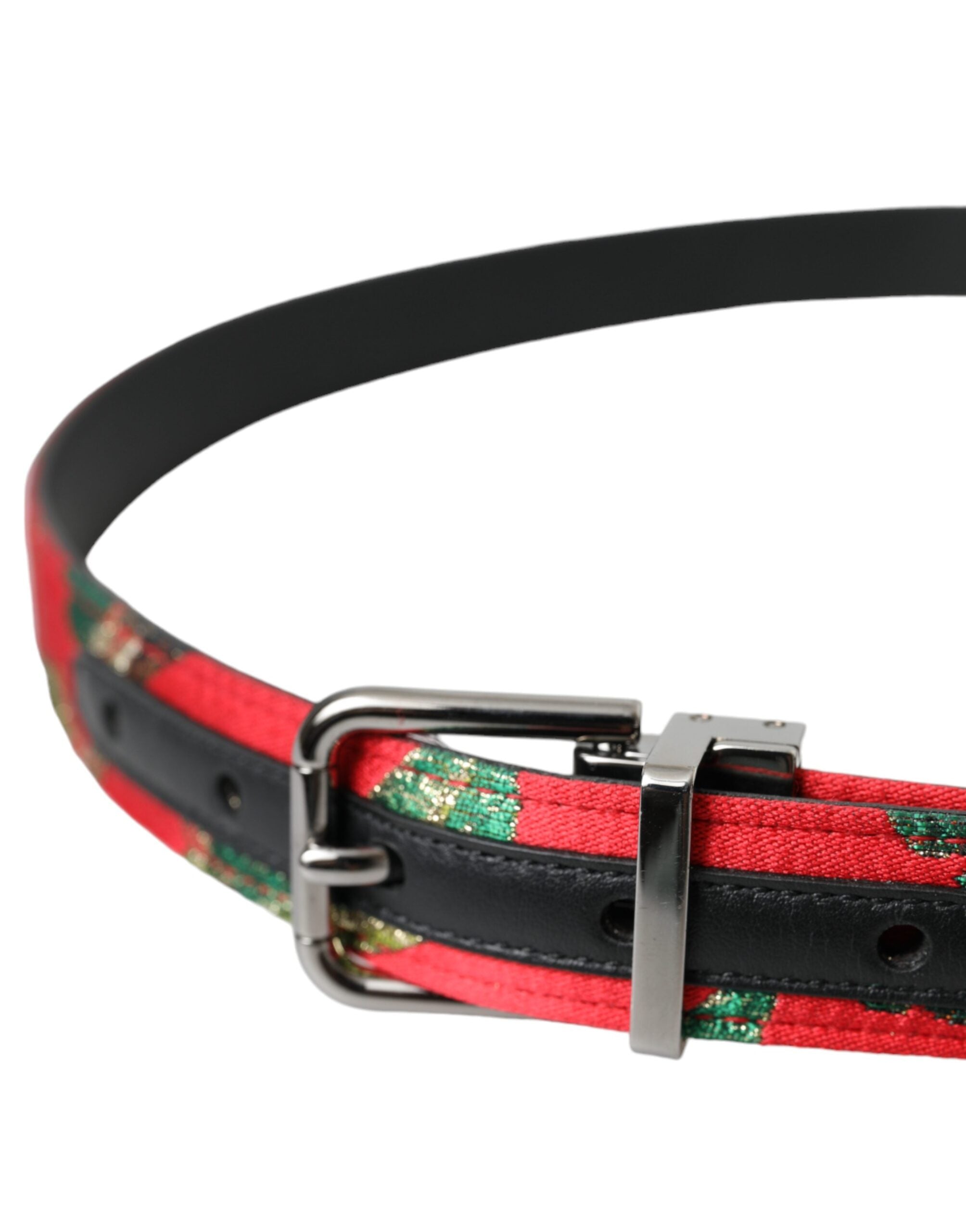 Red Leather Jacquard Silver Metal Buckle Belt - ventzia