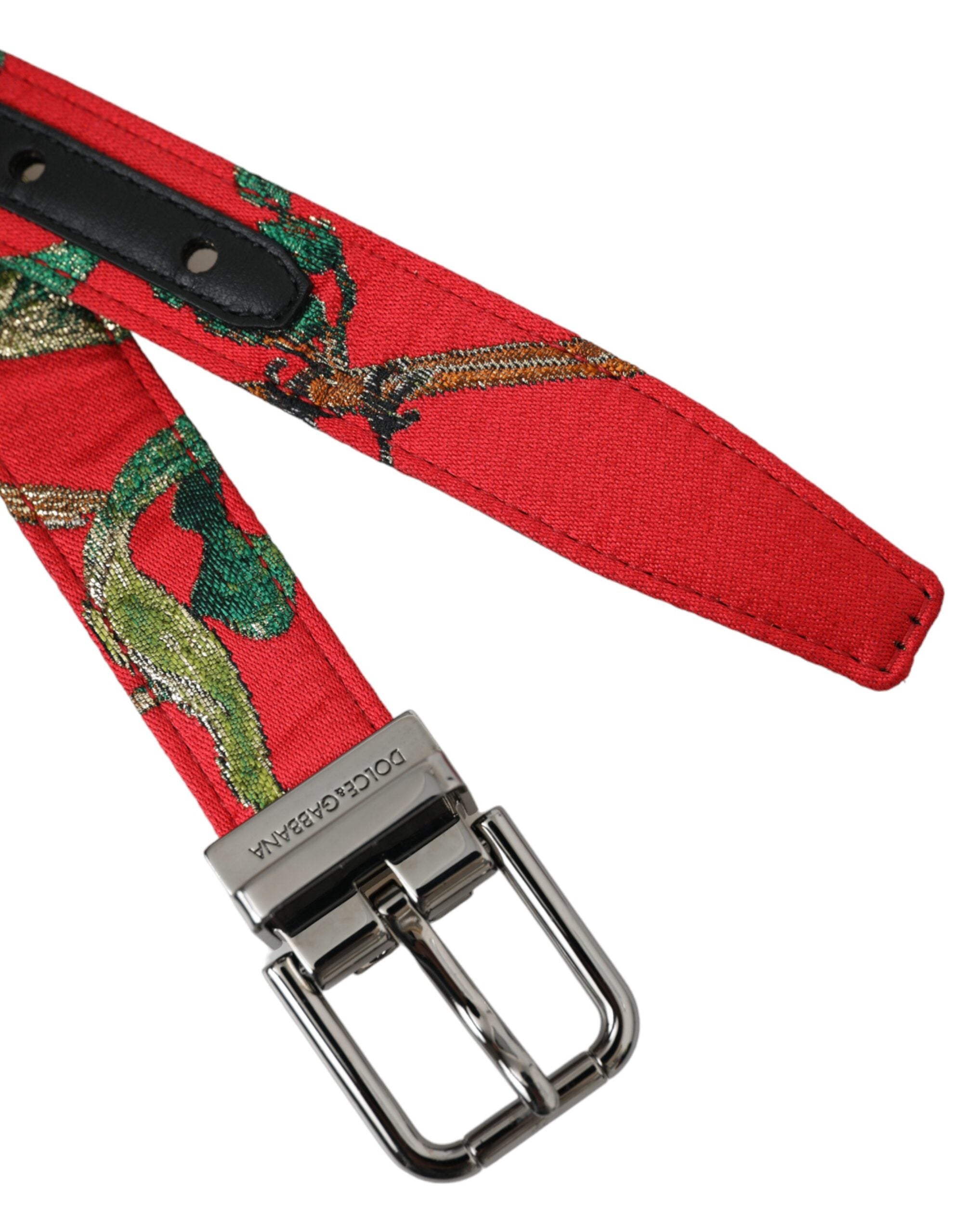 Red Leather Jacquard Silver Metal Buckle Belt - ventzia