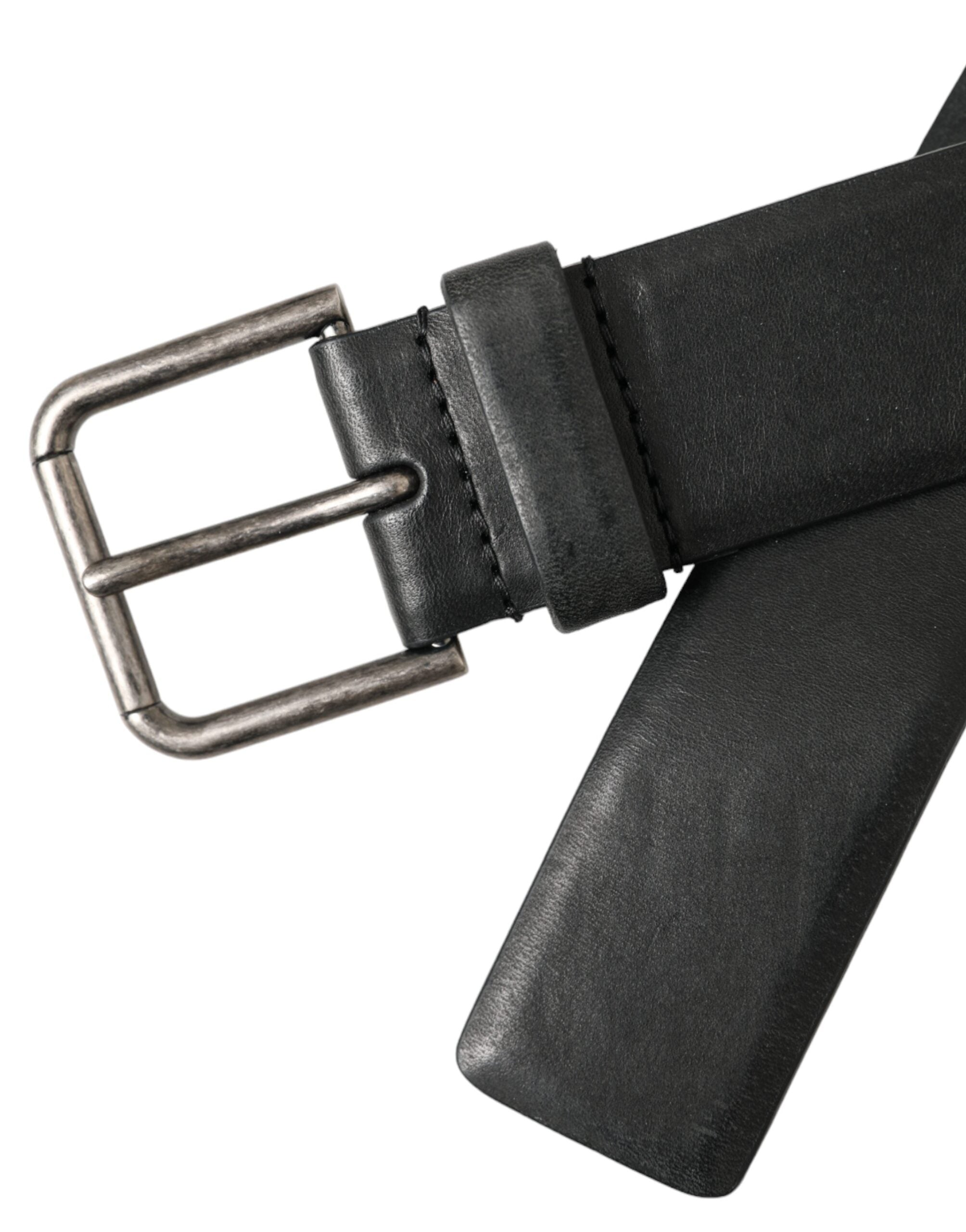 Black Calf Leather Silver Metal Buckle Belt - ventzia
