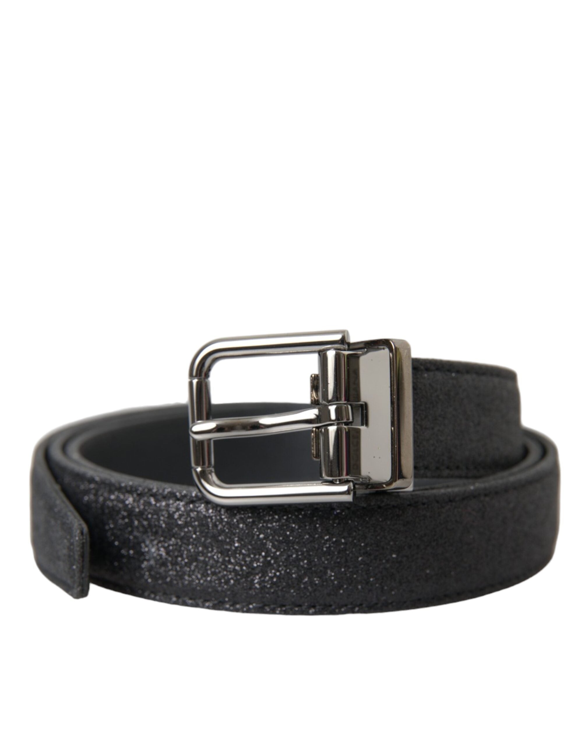 Black Glittered Leather Silver Buckle Belt - ventzia