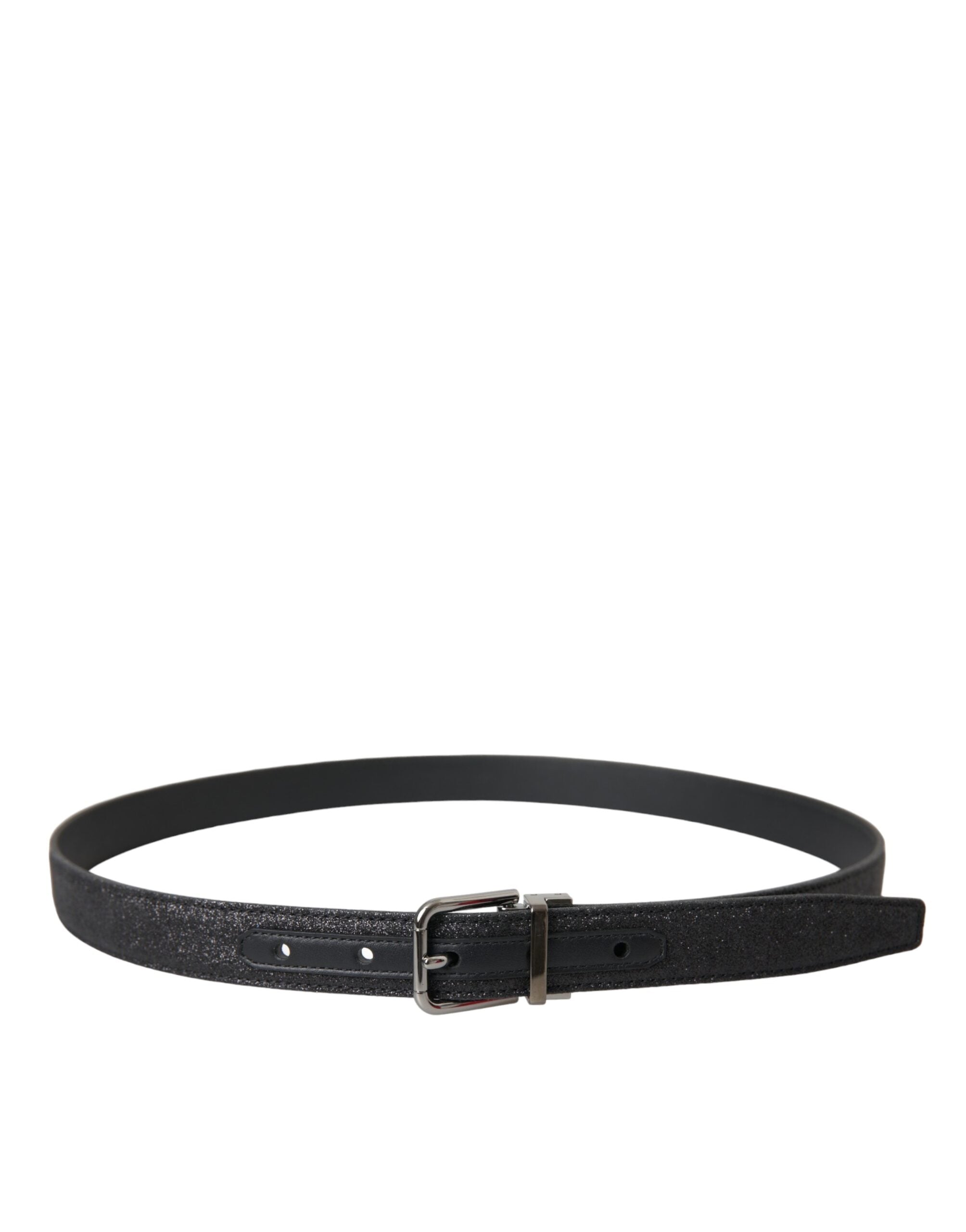 Black Glittered Leather Silver Buckle Belt - ventzia