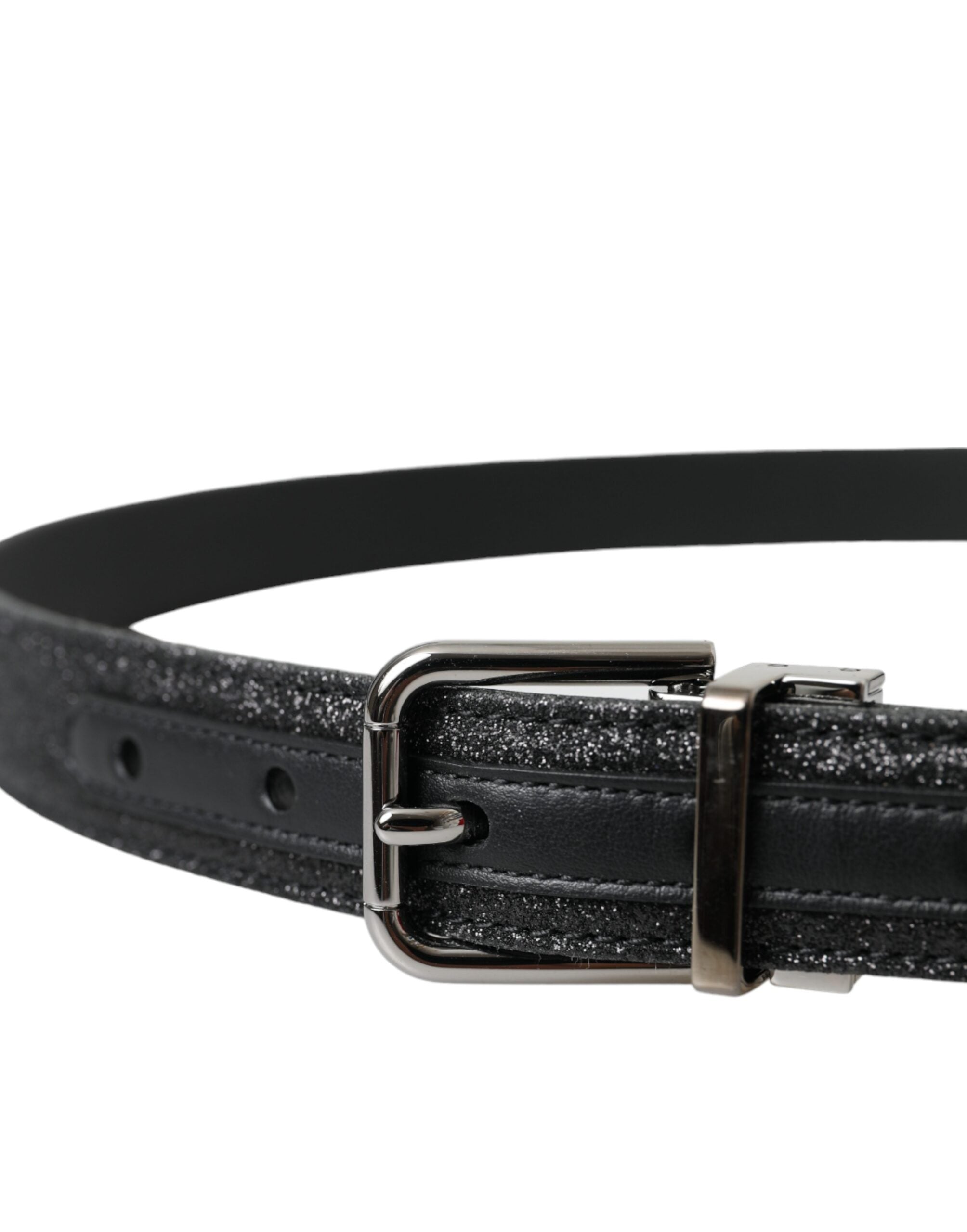 Black Glittered Leather Silver Buckle Belt - ventzia
