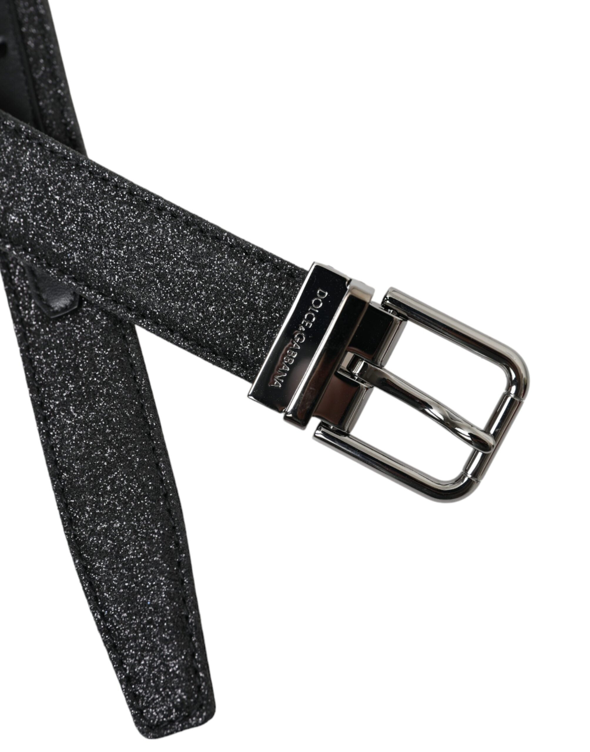 Black Glittered Leather Silver Buckle Belt - ventzia