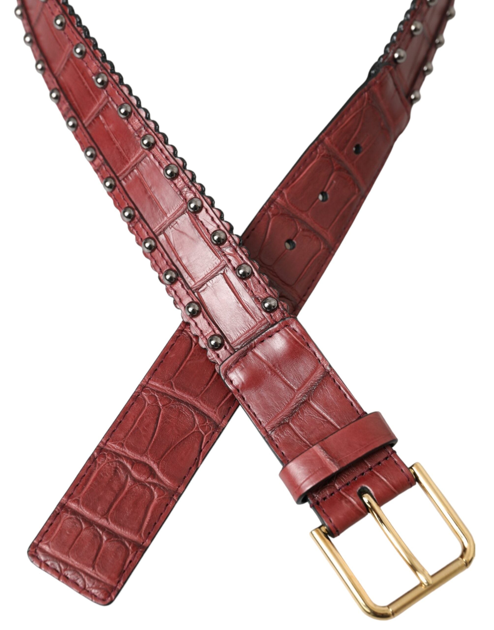 Brown Alligator Leather Studded Metal Buckle Belt - ventzia