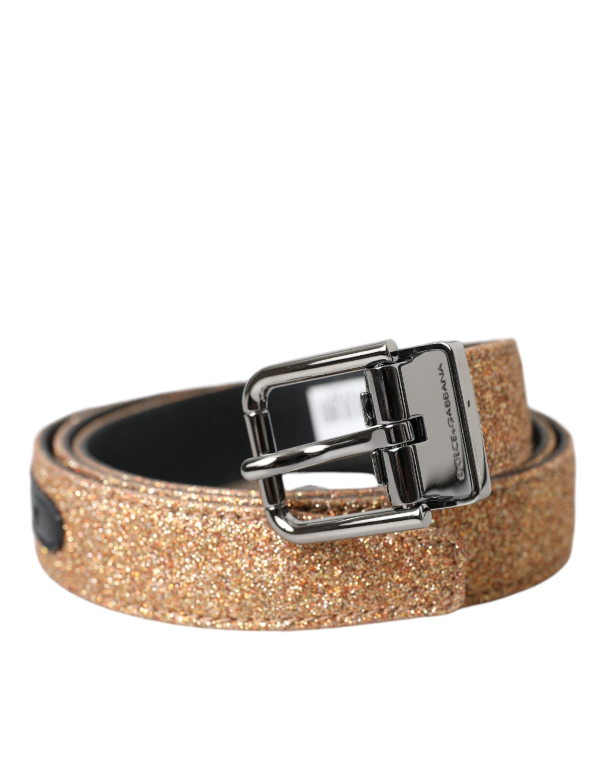 Gold Glitter Leather Silver Metal Buckle Belt - ventzia