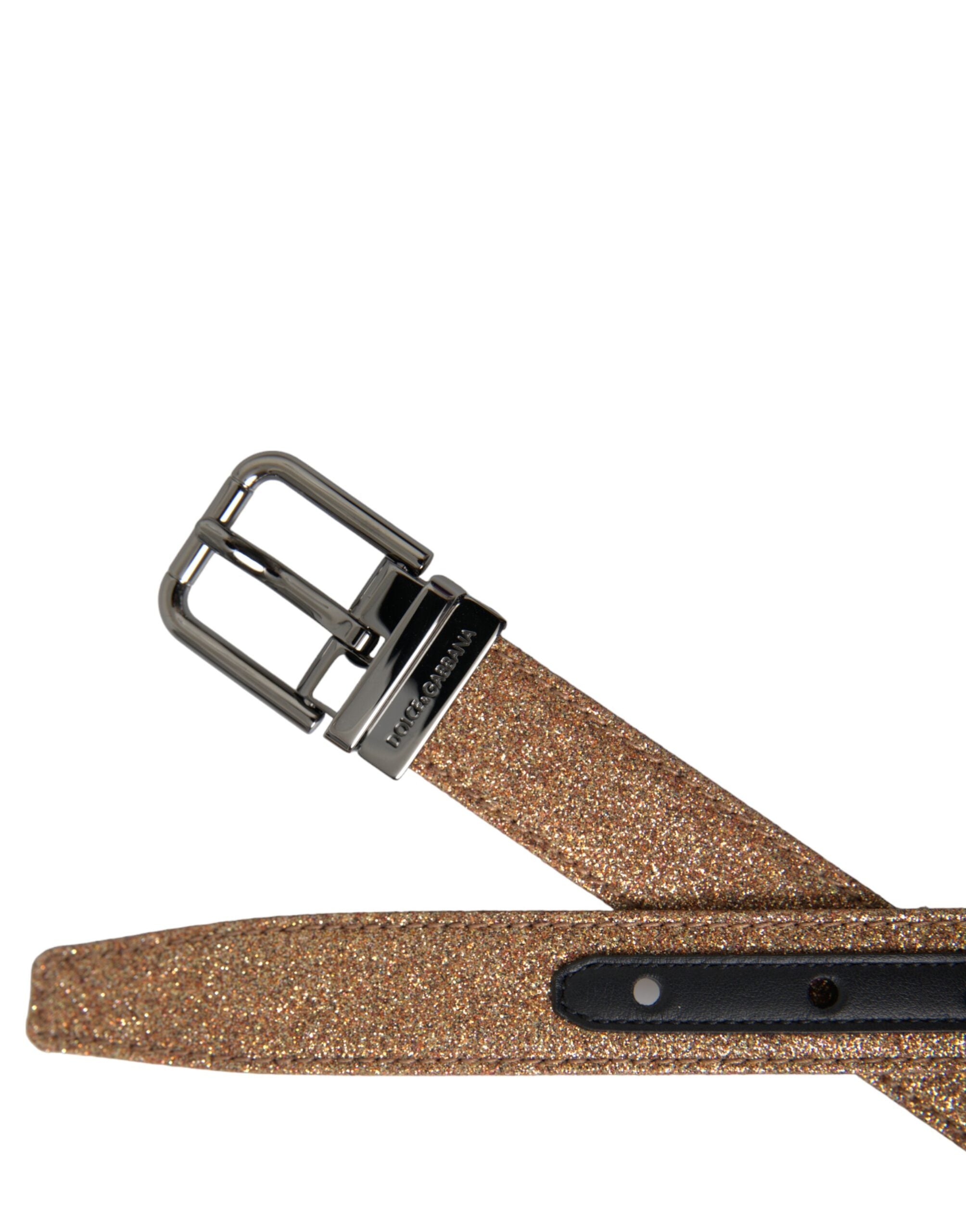 Gold Glitter Leather Silver Metal Buckle Belt - ventzia