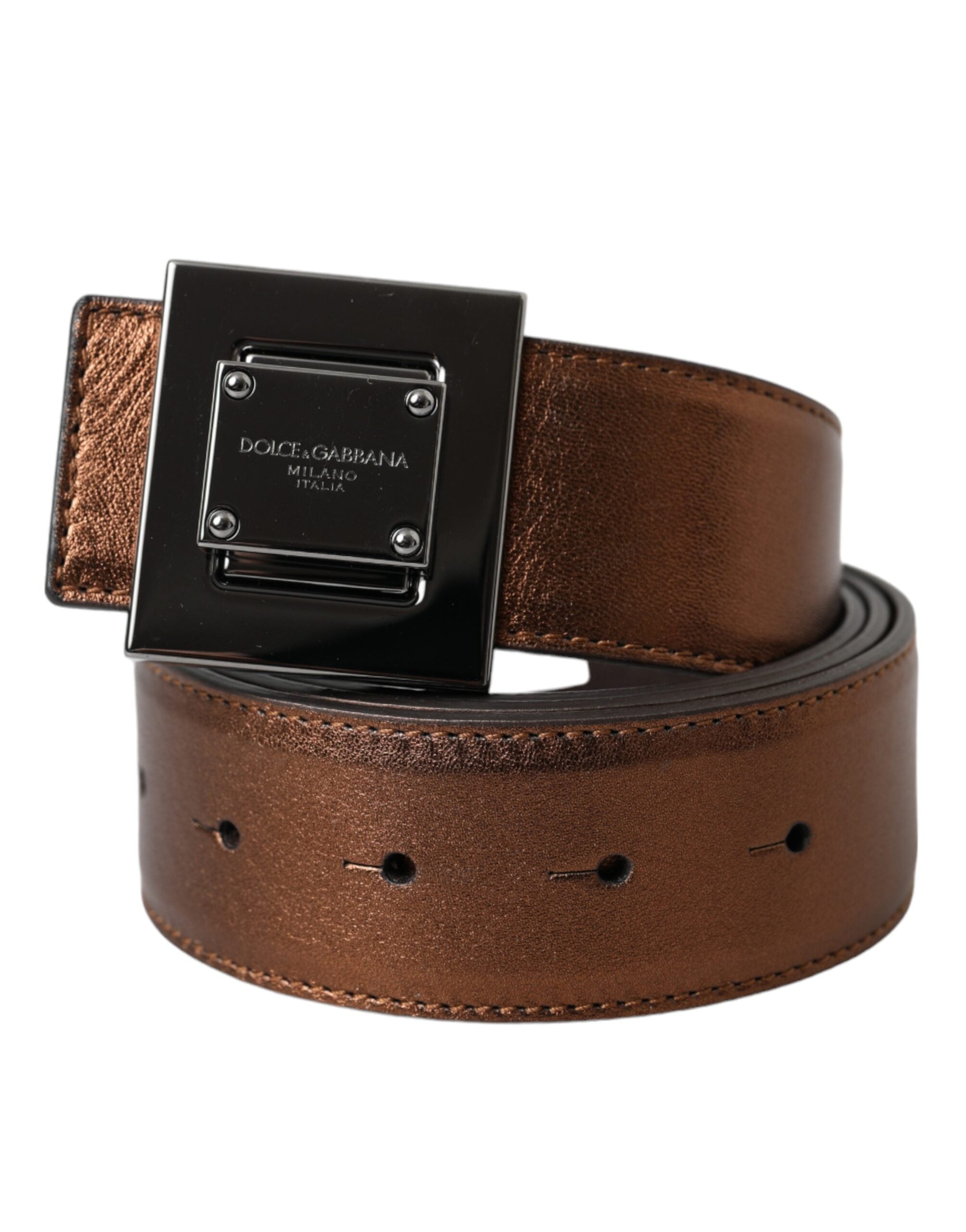 Metallic Bronze Leather Square Metal Buckle Belt - ventzia