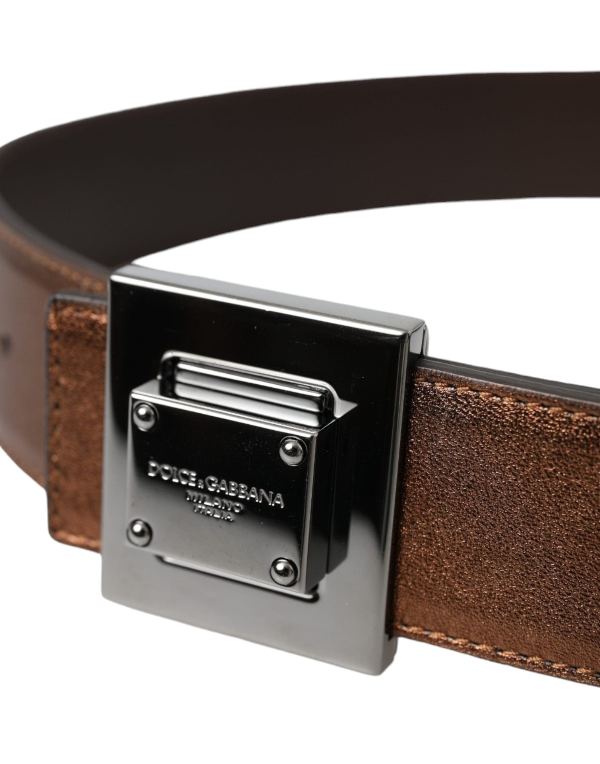 Metallic Bronze Leather Square Metal Buckle Belt - ventzia
